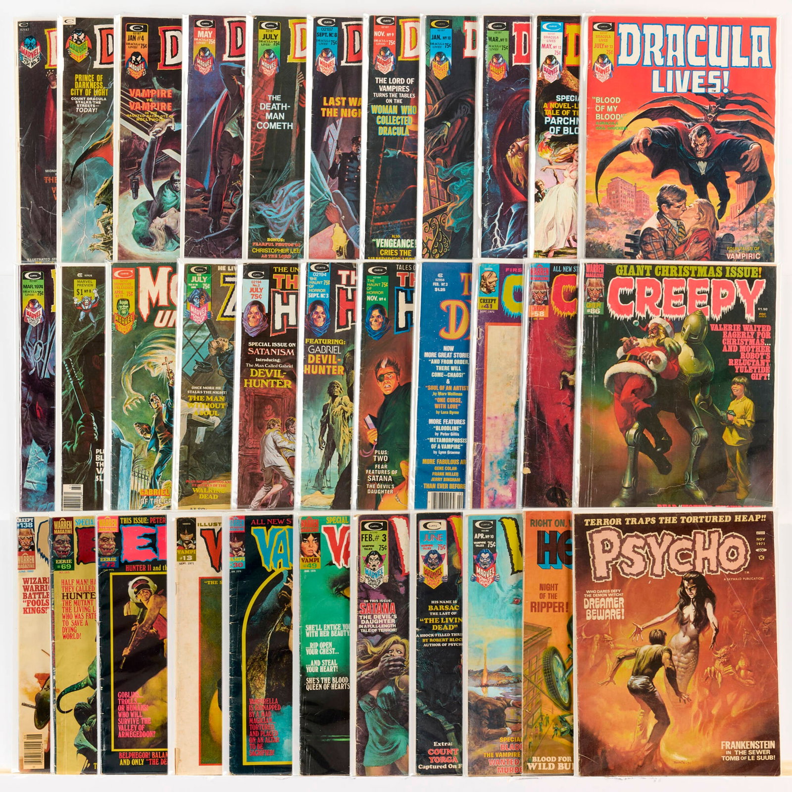 33 Mixed Publisher Monster and Horror Related Magazine Group: 33 Mixed Publisher Monster and Horror Related Magazine Group USA, 20th Century Group includes: Marvel Comics Dracula Lives Magazine #2-#4, #6-#13, Vol 2 #1 (Grades range 3.0-4.0); Haunt of Horror