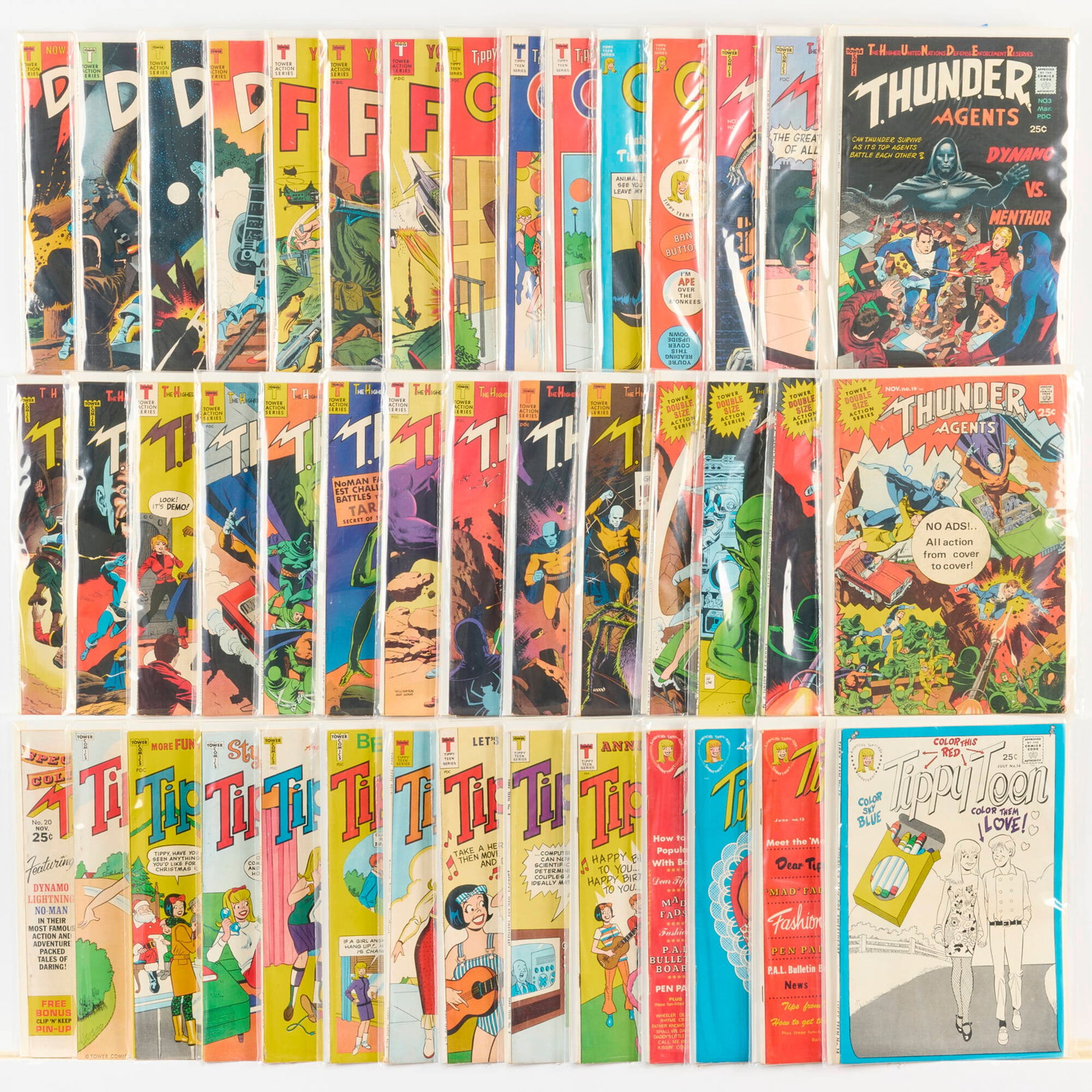 43 Tower Comics Mixed Title Group: 43 Tower Comics Mixed Title Group USA, 20th Century Group includes: Tower Comics Dynamo #1-#4; Fight the Enemy #1-#3; Thunder Agents #1-#16, #19, #20 (Grades range 5.0-7.0); Tippy Teen #1-8, #10-#14