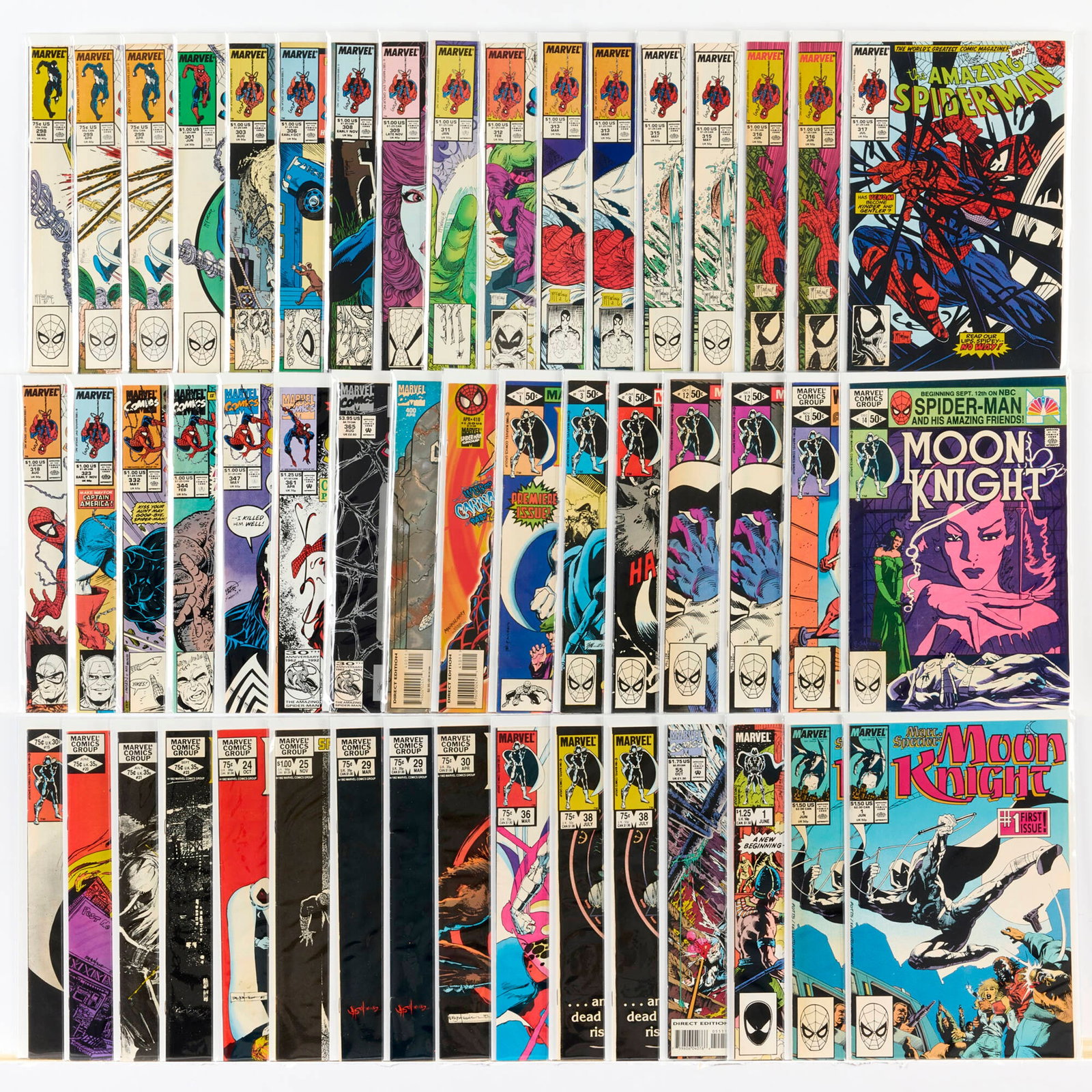 49 Marvel Comics Amazing Spider-Man and Moon Knight Group: 49 Marvel Comics Amazing Spider-Man and Moon Knight Group USA, 20th Century Group includes: Marvel Comics Amazing Spider-Man #298, #299 (x2), #301, #303, #306, #308, #309, #311-#313, #315 (x2), #316