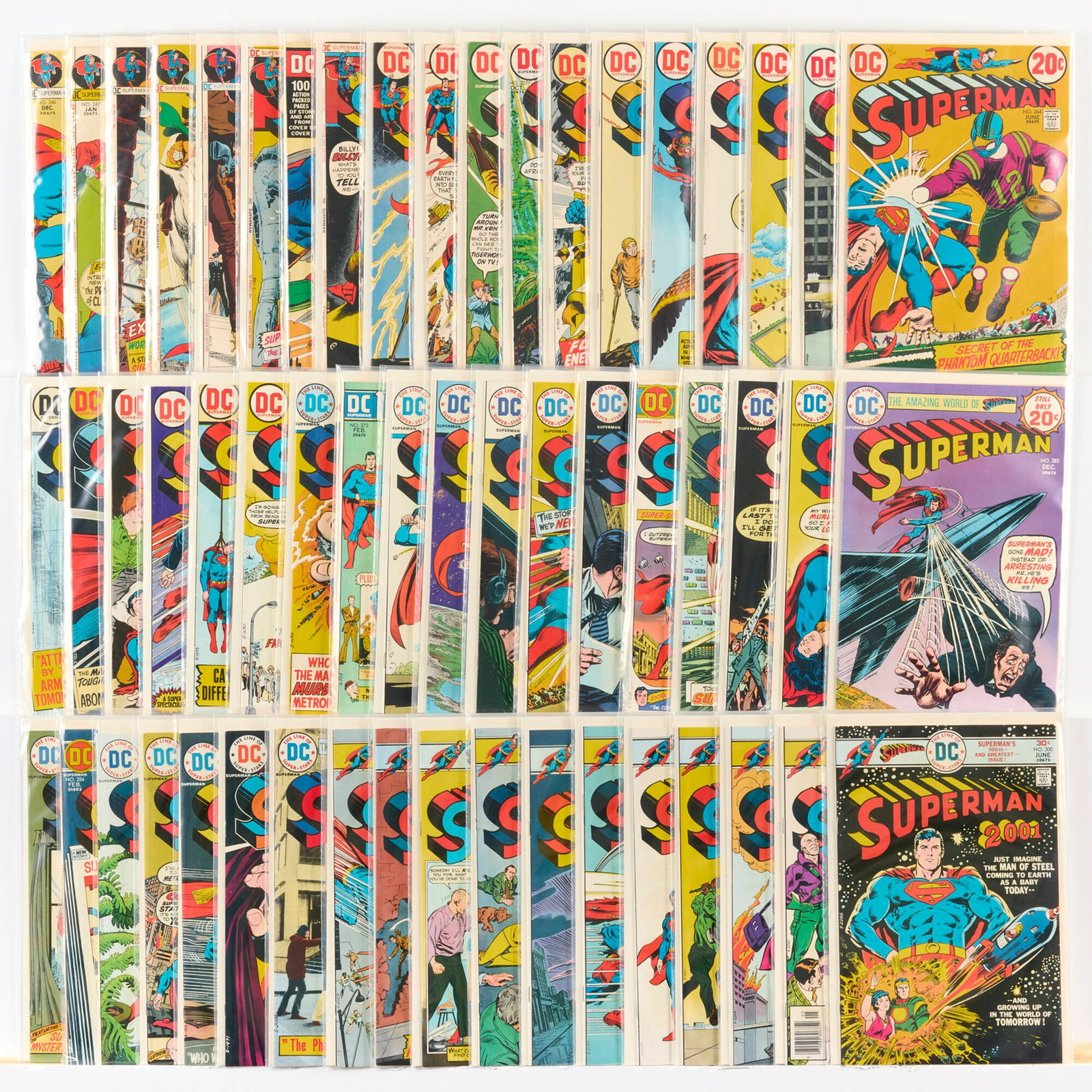 55 DC Comics Superman #246-#300 Group: 55 DC Comics Superman #246-#300 Group USA, 20th Century Group includes: DC Comics Superman #246-#295 (Grades range 4.0-6.0), #296-#300 (Grades range 6.0-8.0). This work will ship from Millville,