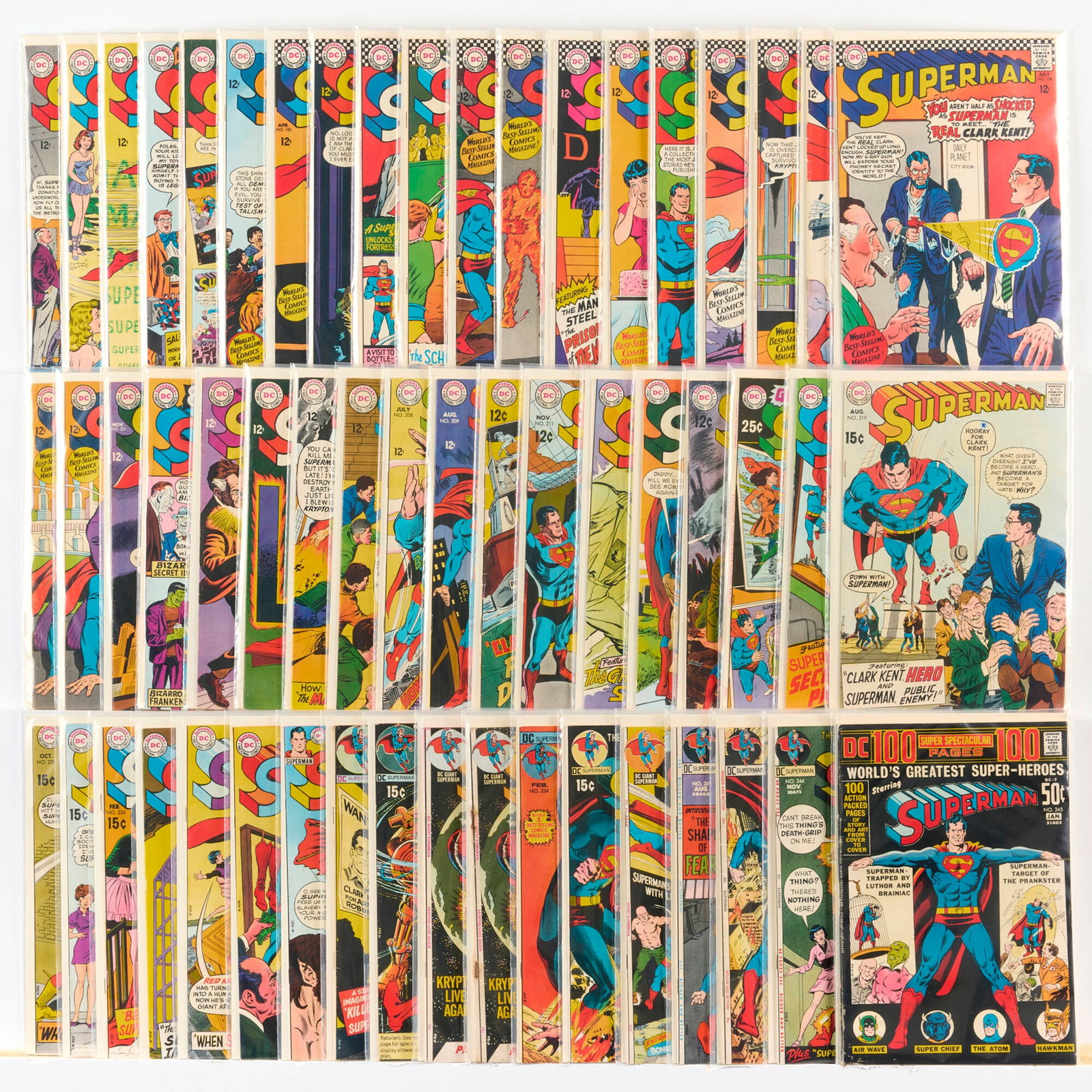 55 DC Comics Superman #179-#245 Group: 55 DC Comics Superman #179-#245 Group USA, 20th Century Group includes: DC Comics Superman #179-#189 (Grades range 4.0-6.0), #190 (3.0-5.0), #191-#193 (Grades range 4.0-6.0), #194 (3.0-5.0), #195,