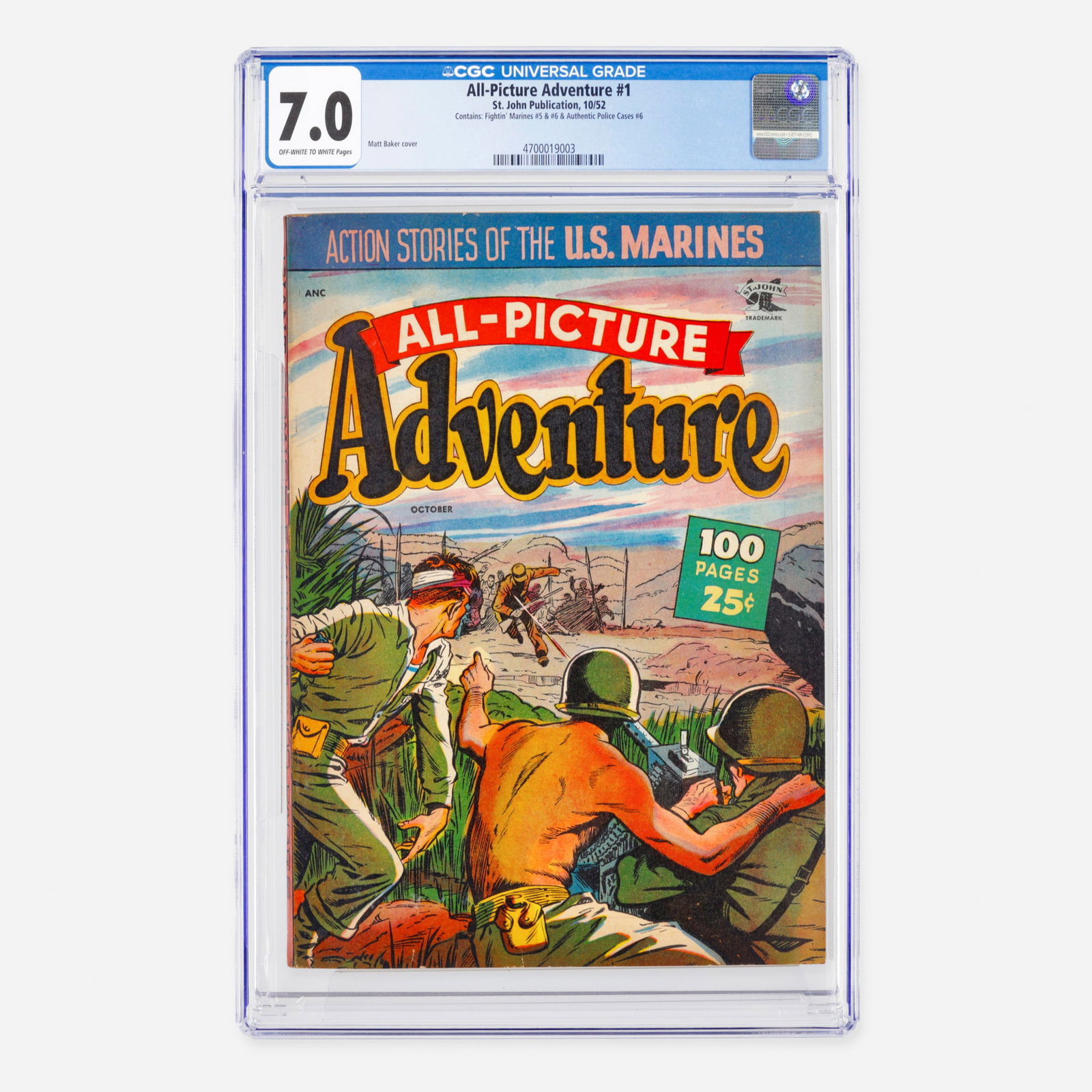 St. John Publication All-Picture Adventure #1 CGC 7.0: St. John Publication All-Picture Adventure #1 CGC 7.0 USA, 1952 This Golden Age rarity contains reprints of Fightin' Marines #5, #6 and Authentic Police Cases #6. The book is distinguished by a
