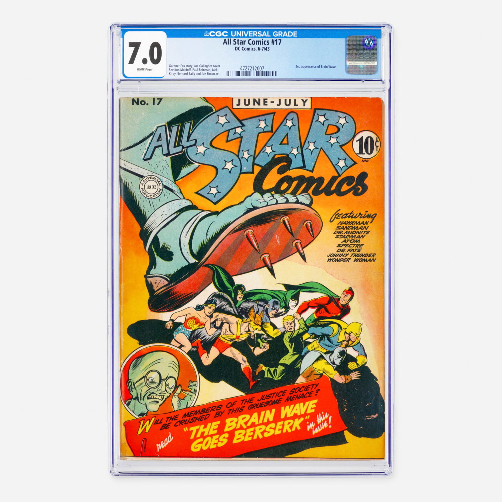 DC Comics All Star Comics #17 CGC 7.0: DC Comics All Star Comics #17 CGC 7.0 USA, 1943 This Golden Age classic is a significant key, featuring the second appearance of Brain Wave. Written by Gardner Fox with a cover by Joe Gallagher, the