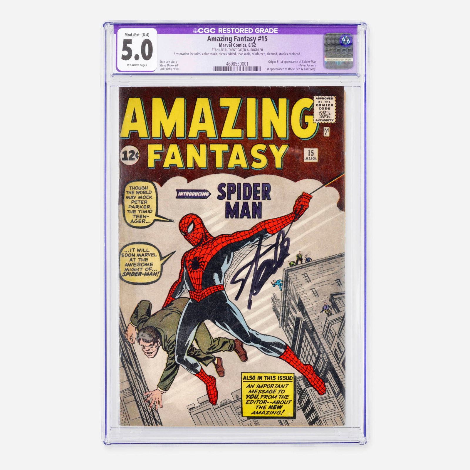 Marvel Comics Amazing Fantasy #15 CGC 5.0 B-4 JSA Stan Lee (1 of 2)