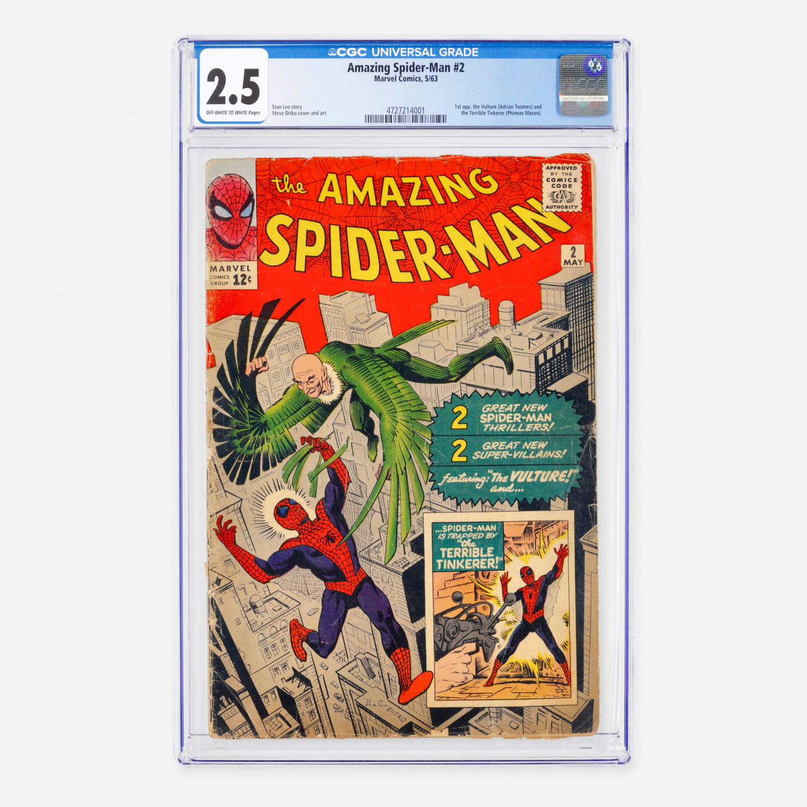 Marvel Comics Amazing Spider-Man #2 CGC 2.5: Marvel Comics Amazing Spider-Man #2 CGC 2.5 USA, 1963 This essential Silver Age key marks the first appearance of the Vulture (Adrian Toomes) and the Terrible Tinkerer (Phineas Mason). The story is a