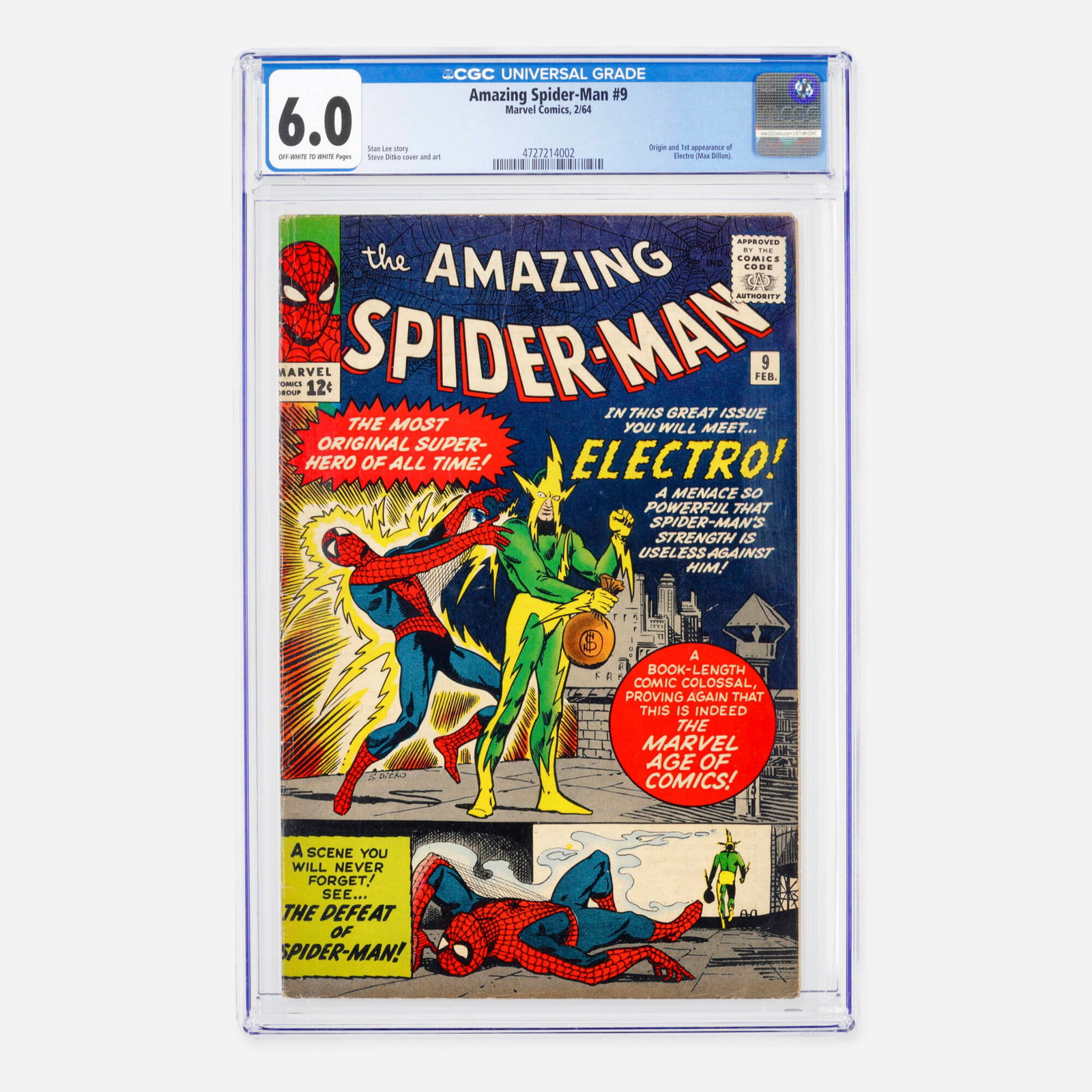 Marvel Comics Amazing Spider-Man #9 CGC 6.0: Marvel Comics Amazing Spider-Man #9 CGC 6.0 USA, 1964 This significant Silver Age issue contains the origin and first appearance of Electro (Max Dillon). The classic story was authored by Stan Lee,