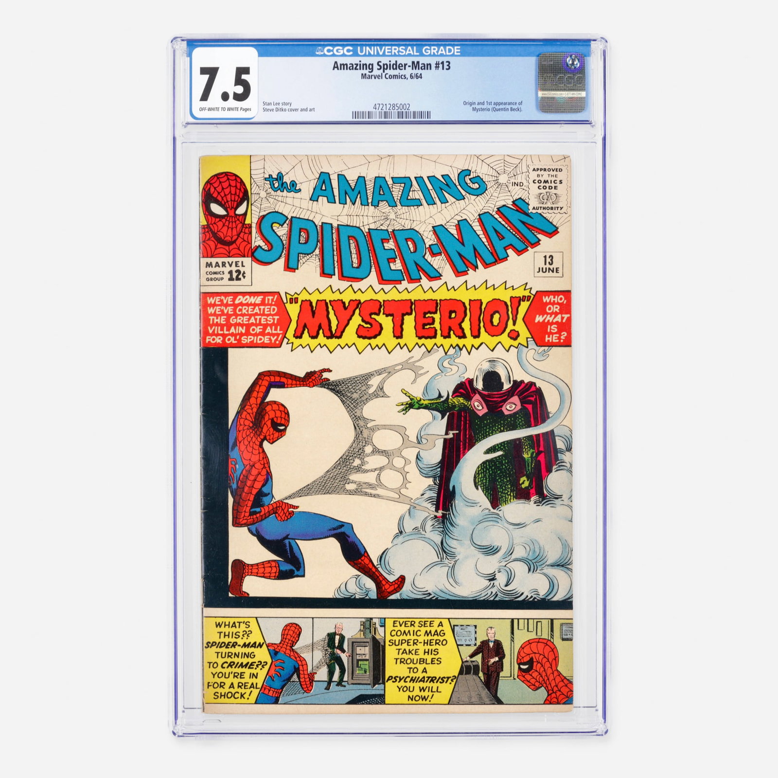 Marvel Comics Amazing Spider-Man #13 CGC 7.5: Marvel Comics Amazing Spider-Man #13 CGC 7.5 USA, 1964 This Silver Age classic presents the origin and first appearance of Mysterio (Quentin Beck). The legendary Stan Lee provided the script, while