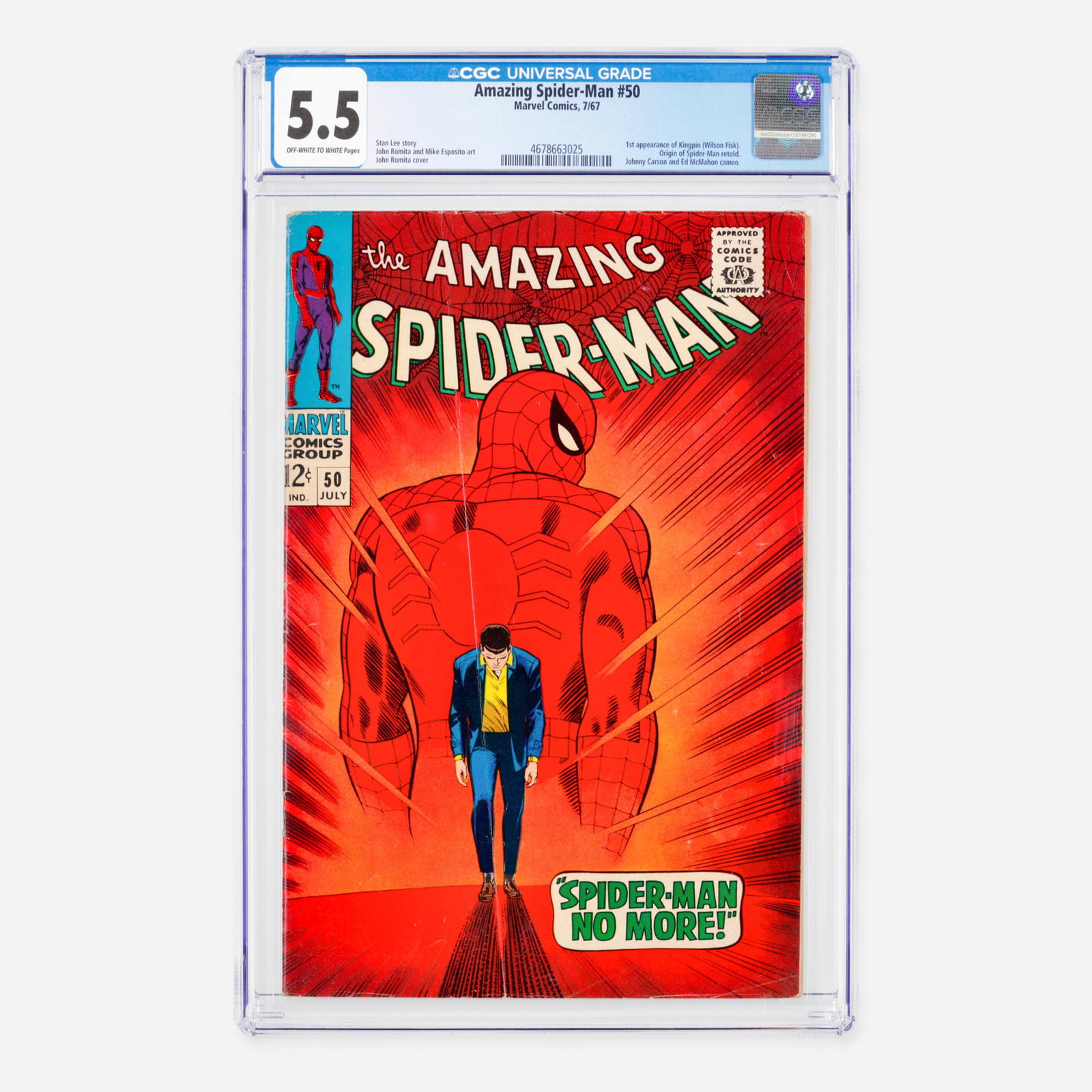 Marvel Comics Amazing Spider-Man #50 CGC 5.5: Marvel Comics Amazing Spider-Man #50 CGC 5.5 USA, 1967 This monumental Silver Age milestone features the historic first appearance of the Kingpin (Wilson Fisk) and delivers the legendary Spider-Man