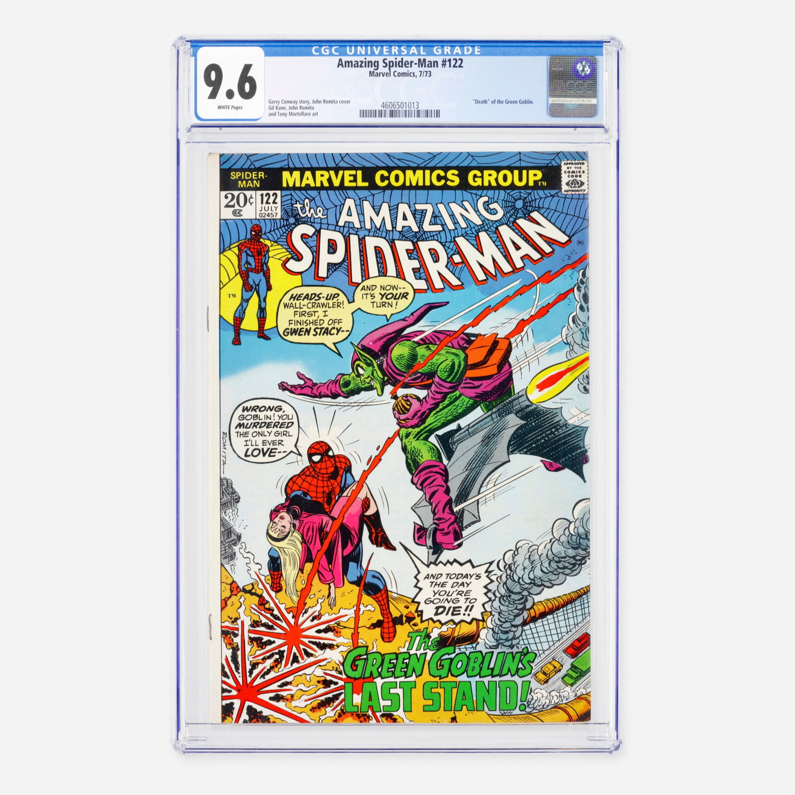 Marvel Comics Amazing Spider-Man #122 CGC 9.6: Marvel Comics Amazing Spider-Man #122 CGC 9.6 USA, 1973 This seminal Bronze Age key features the historic "Death" of the Green Goblin. Written by Gerry Conway with an iconic cover by John Romita, the