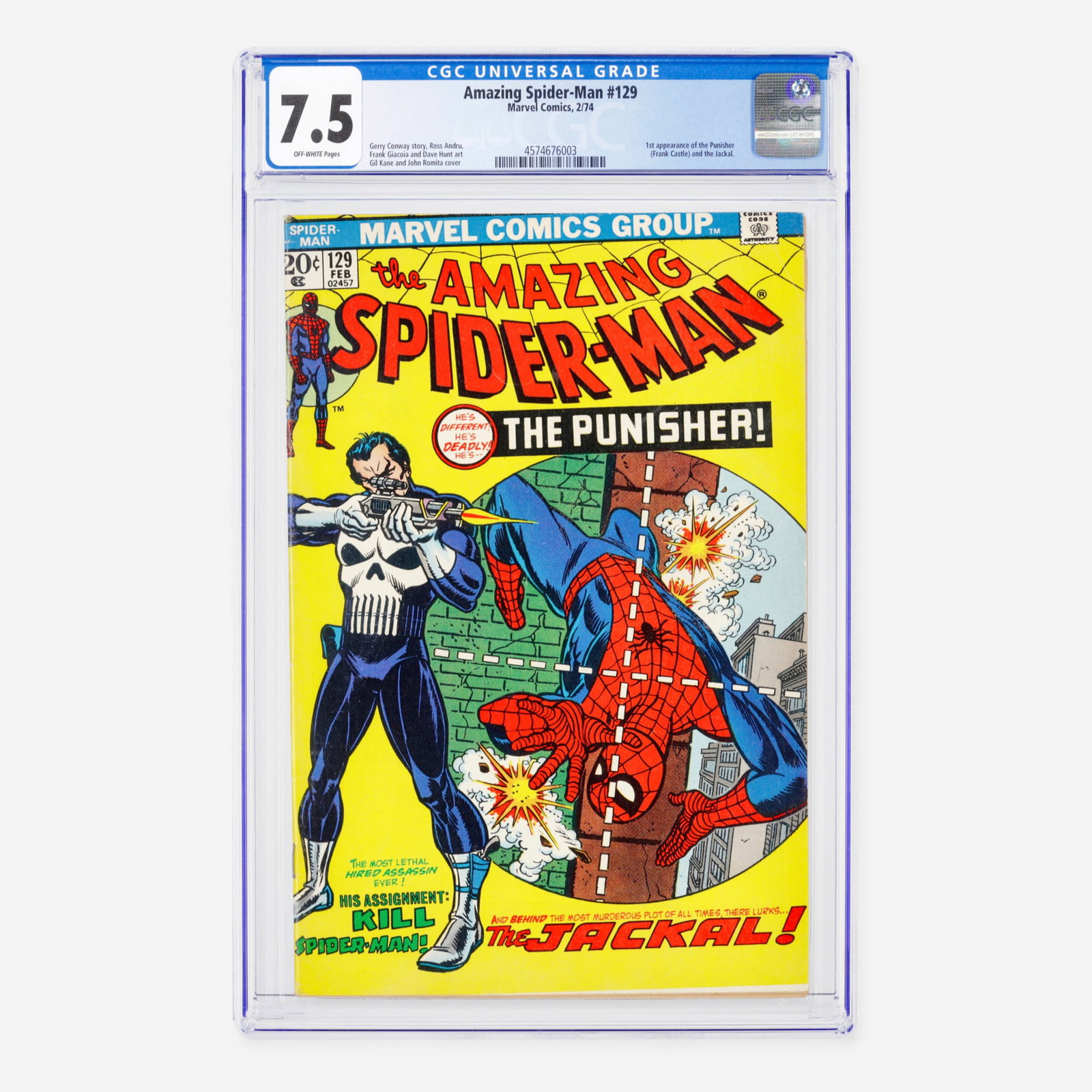 Marvel Comics Amazing Spider-Man #129 CGC 7.5: Marvel Comics Amazing Spider-Man #129 CGC 7.5 USA, 1974 This essential Bronze Age key features the first appearance of the Punisher (Frank Castle) and the Jackal. The narrative was crafted by writer
