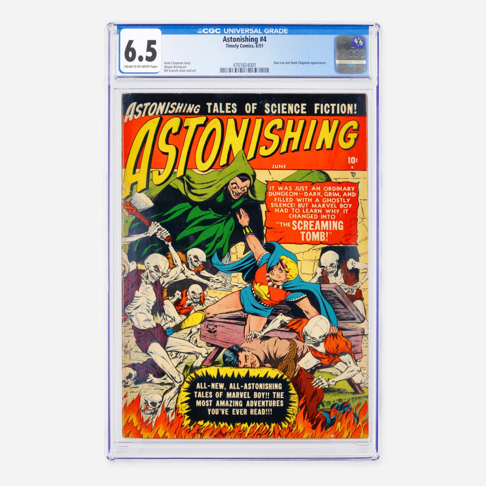 Timely Comics Astonishing #4 CGC 6.5: Timely Comics Astonishing #4 CGC 6.5 USA, 1951 This rare Golden Age anthology from the Atlas/Timely era features an unusual meta-appearance by Stan Lee and Hank Chapman. The issue is highlighted by a