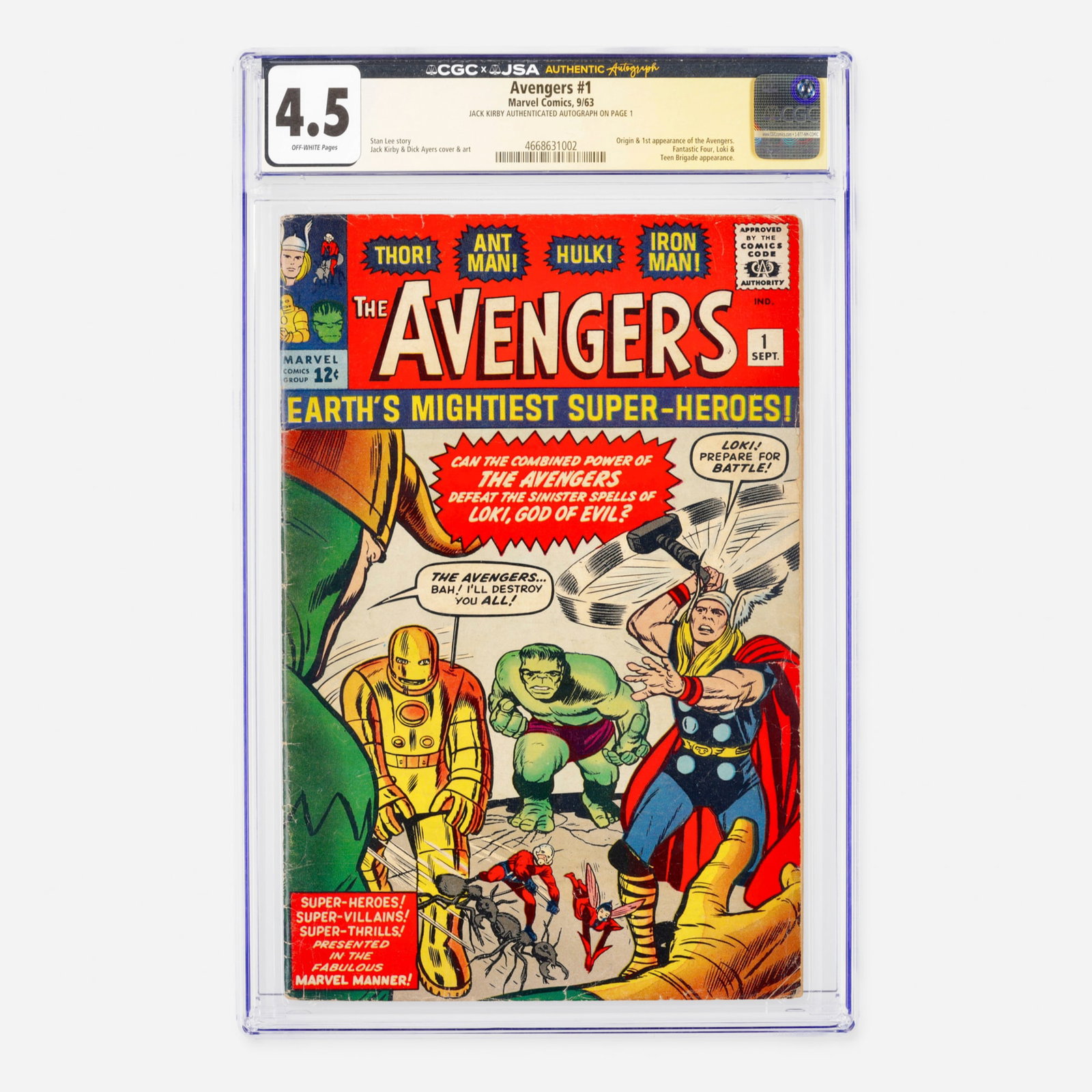 Marvel Comics Avengers #1 CGC 4.5 JSA Jack Kirby: Marvel Comics Avengers #1 CGC 4.5 JSA Jack Kirby USA, 1963 This monumental Silver Age book contains the origin and first appearance of the Avengers, alongside appearances by the Fantastic Four, Loki,