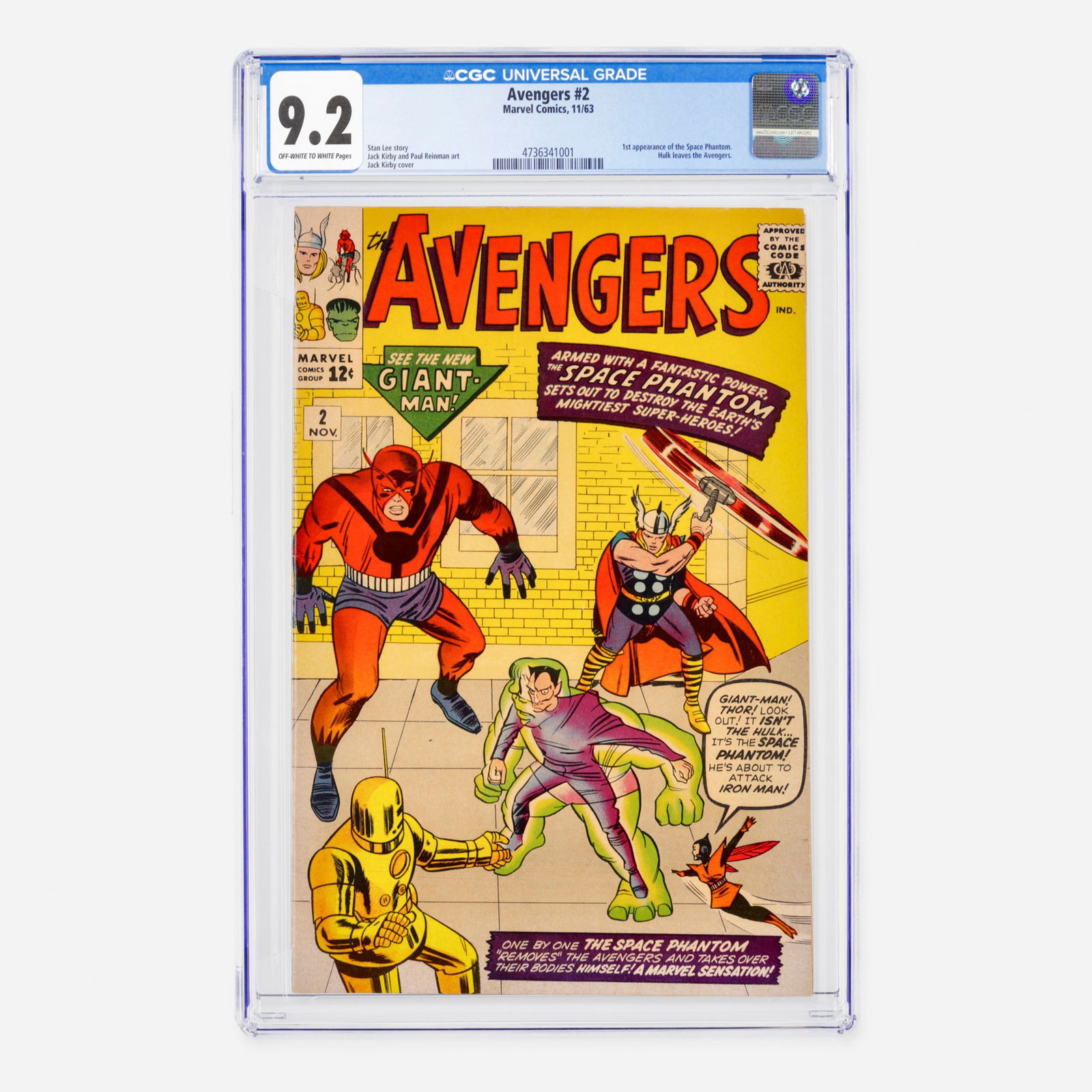 Marvel Comics Avengers #2 CGC 9.2: Marvel Comics Avengers #2 CGC 9.2 USA, 1963 This fundamental Silver Age classic features the historic first appearance of the Space Phantom and the dramatic moment the Hulk leaves the Avengers. The