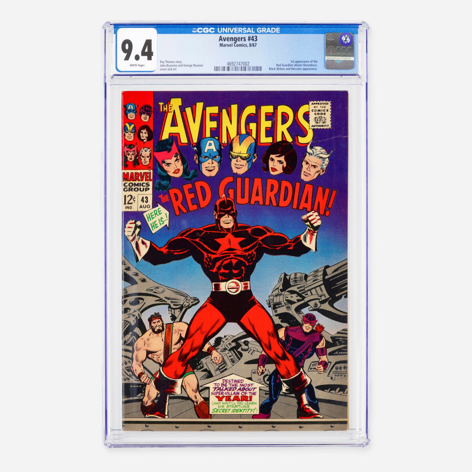 Marvel Comics Avengers #43 CGC 9.4: Marvel Comics Avengers #43 CGC 9.4 USA, 1967 This Silver Age key features the first appearance of the Red Guardian (Alexei Shostakov). The issue also includes appearances by the Black Widow and