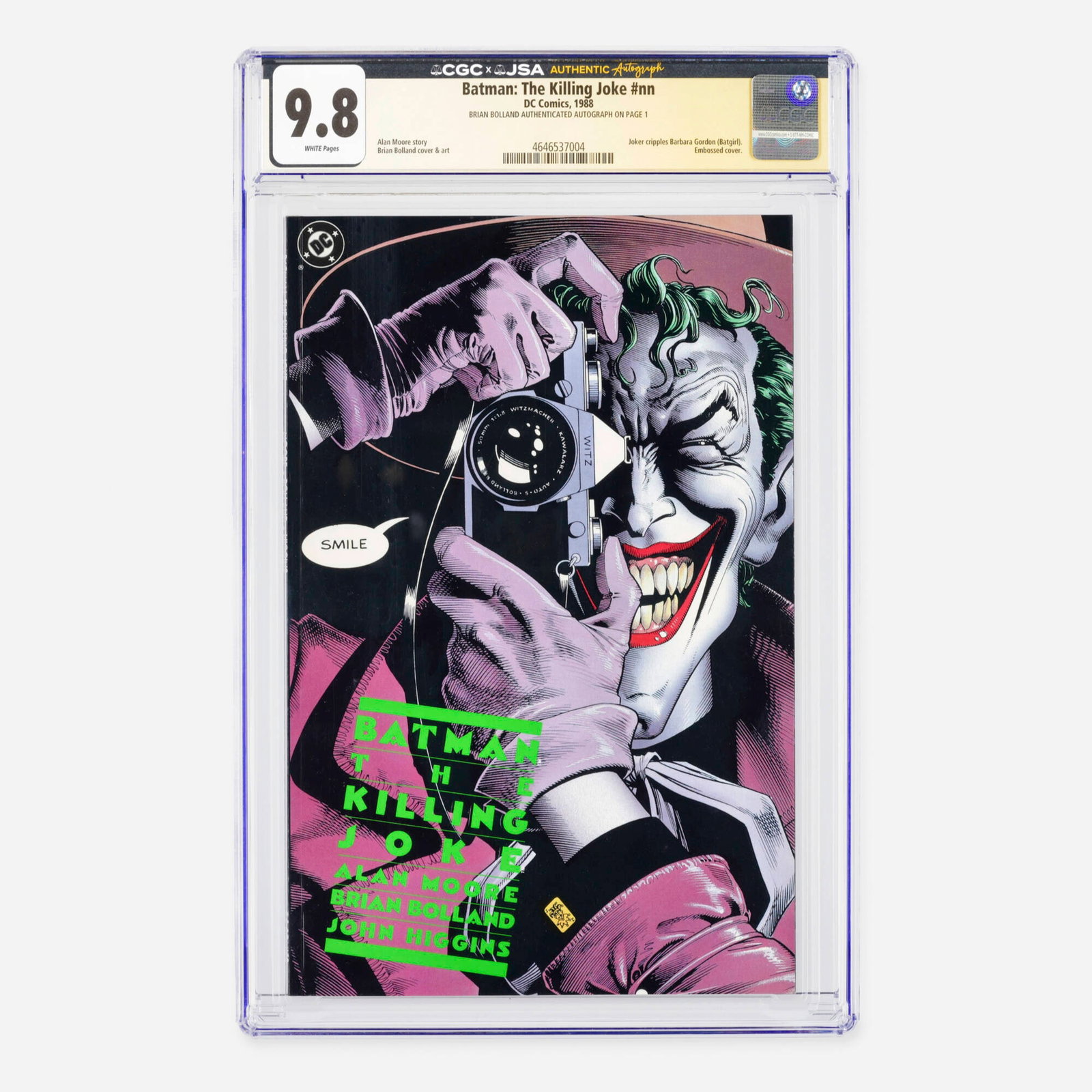 DC Comics Batman: The Killing Joke #nn CGC 9.8 JSA Brian Bolland: DC Comics Batman: The Killing Joke #nn CGC 9.8 JSA Brian Bolland USA, 1988 This modern masterpiece features the definitive Alan Moore story where the Joker cripples Barbara Gordon (Batgirl). This