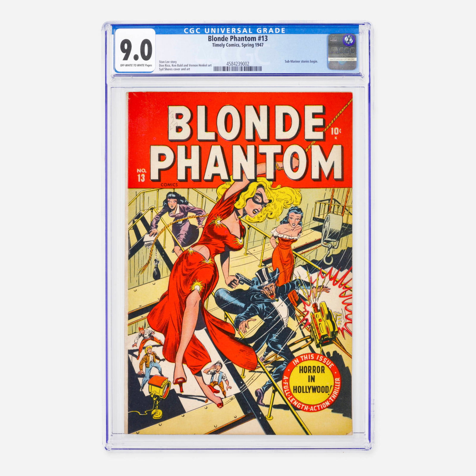 Timely Comics Blonde Phantom #13 CGC 9.0: Timely Comics Blonde Phantom #13 CGC 9.0 USA, 1947 This exceptional Golden Age copy marks the point where Sub-Mariner stories begin in this title. The issue features a script by Stan Lee and a cover
