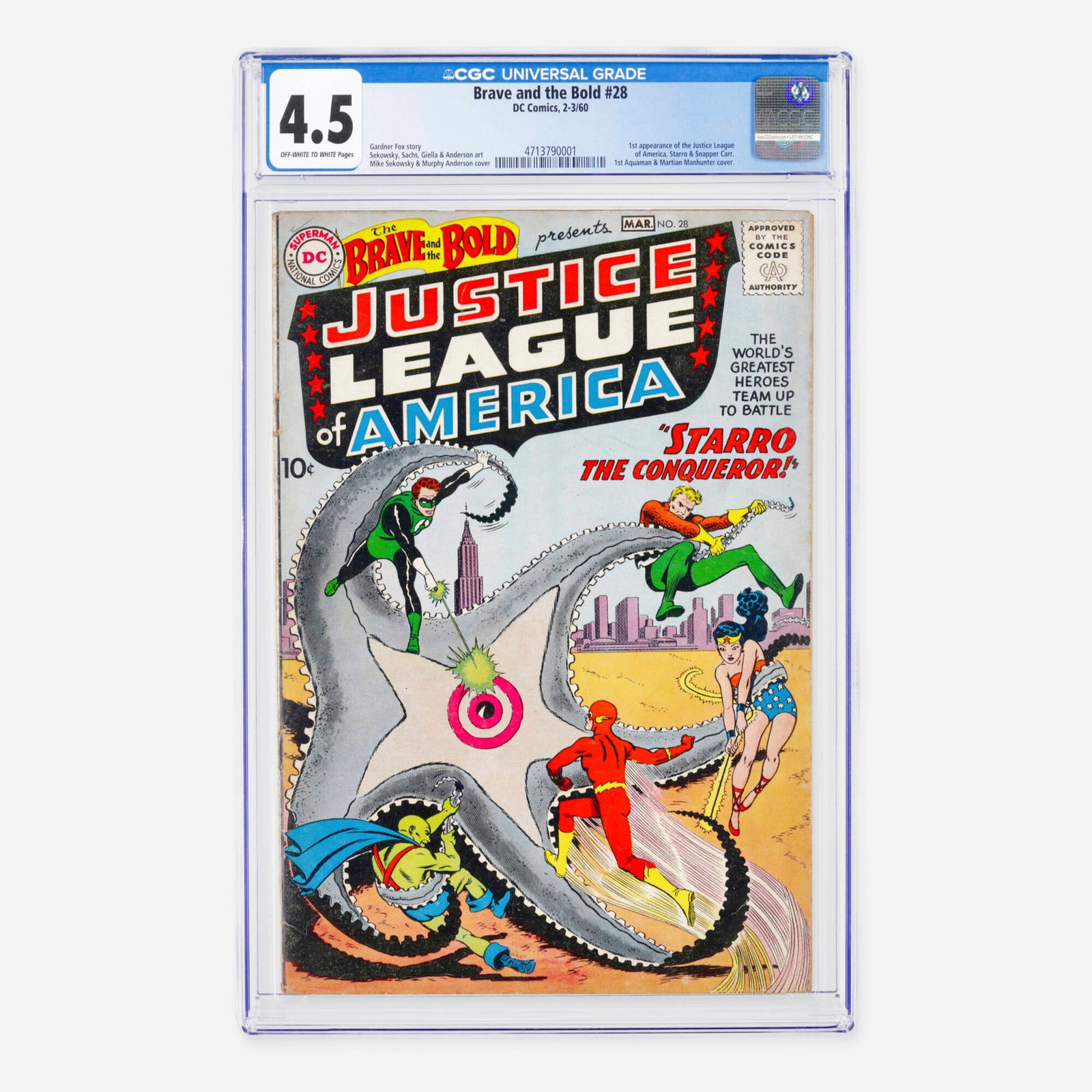 DC Comics Brave and the Bold #28 CGC 4.5: DC Comics Brave and the Bold #28 CGC 4.5 USA, 1960 This monumental Silver Age key features the first appearance of the Justice League of America, Starro the Conqueror, and Snapper Carr. It also marks