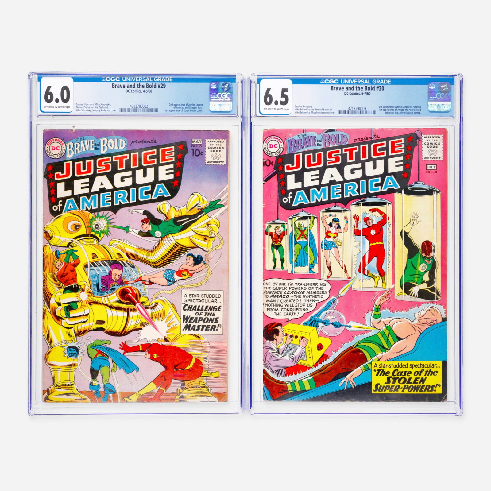2 DC Comics Brave and the Bold #29 and #30 CGC Group: 2 DC Comics Brave and the Bold #29 and #30 CGC Group USA, 1960 DC Comics Brave and the Bold #29 CGC 6.0 (4-5/60) CGC#: 4713790002 Population: 40 in 6.0, 101 higher Grader Notes: spine stress lines