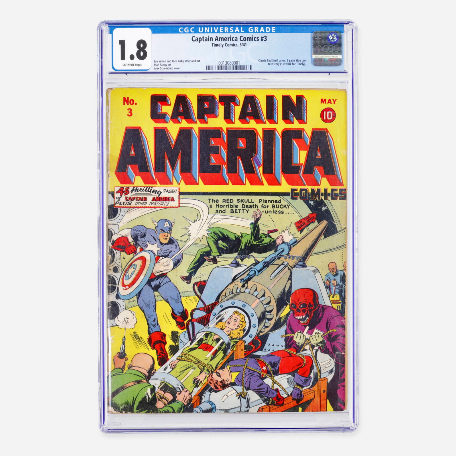Timely Comics Captain America Comics #3 CGC 1.8: Timely Comics Captain America Comics #3 CGC 1.8 USA, 1941 This historic Golden Age issue features a classic Red Skull cover by Alex Schomburg. It is of immense historical importance as it contains a