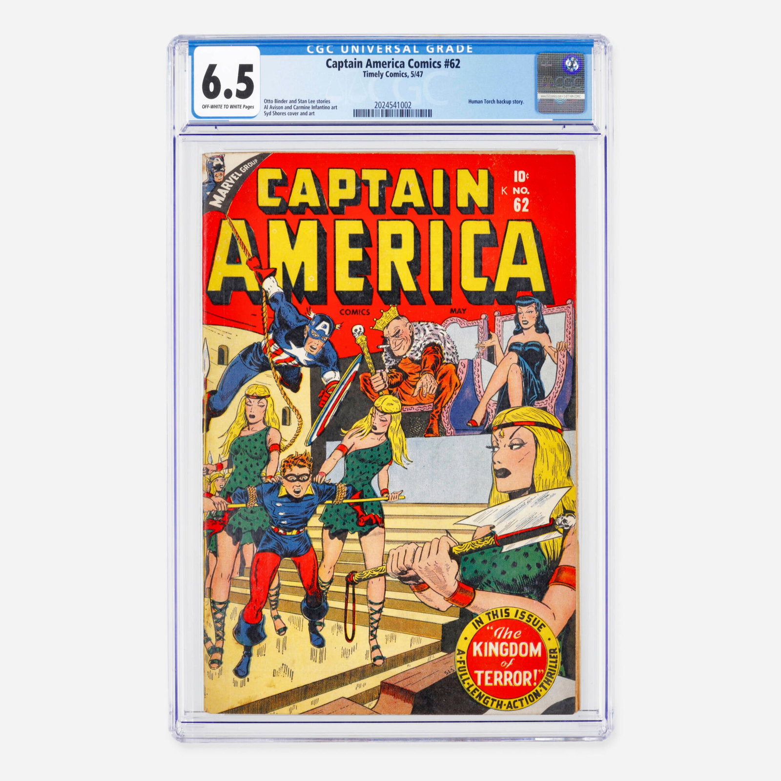 Timely Comics Captain America Comics #62 CGC 6.5: Timely Comics Captain America Comics #62 CGC 6.5 USA, 1947 This Golden Age classic features a Human Torch backup story. The issue contains scripts by Otto Binder and Stan Lee, with interior art