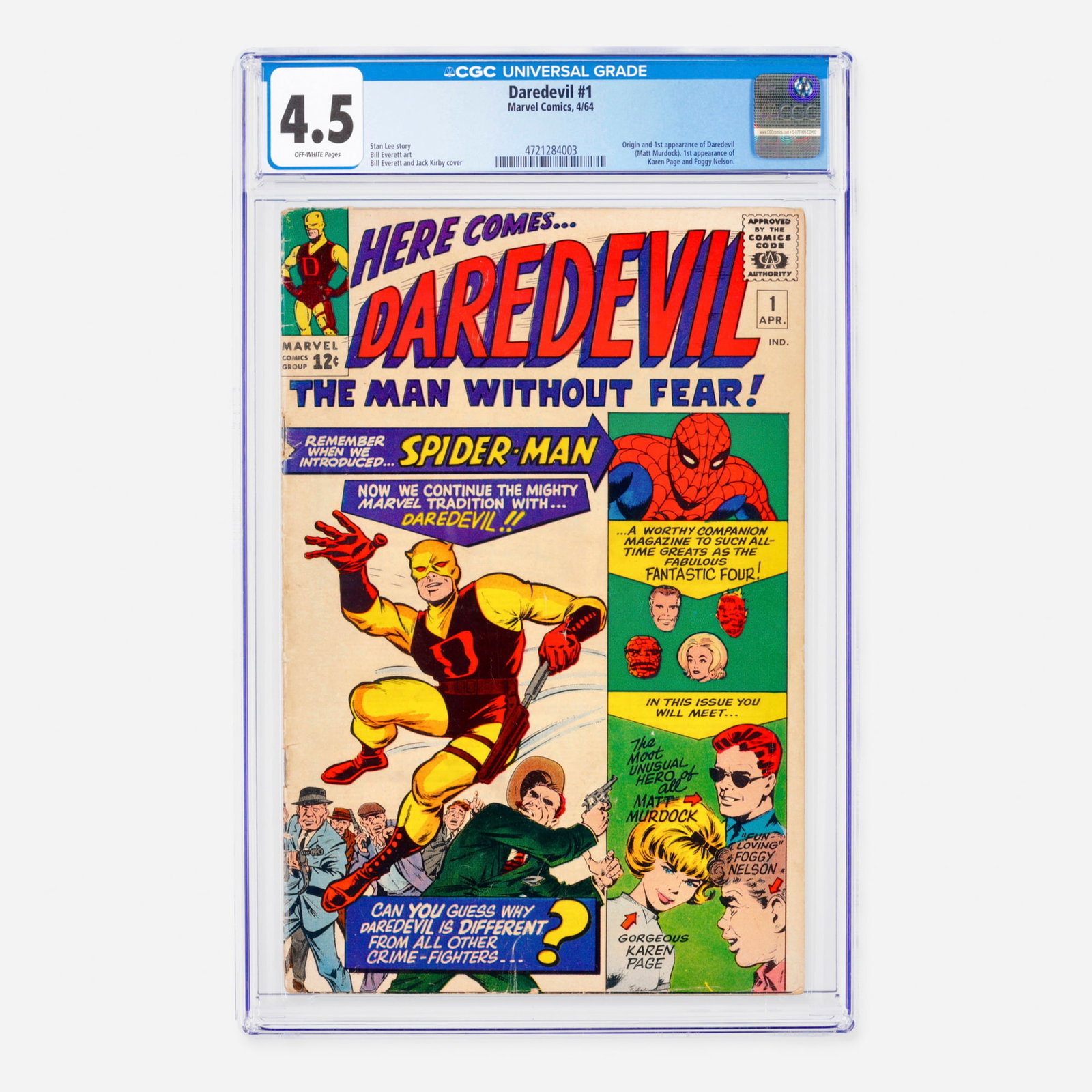 Marvel Comics Daredevil #1 CGC 4.5: Marvel Comics Daredevil #1 CGC 4.5 USA, 1964 This premier Silver Age landmark features the origin and first appearance of Daredevil (Matt Murdock), along with the first appearance of Karen Page and