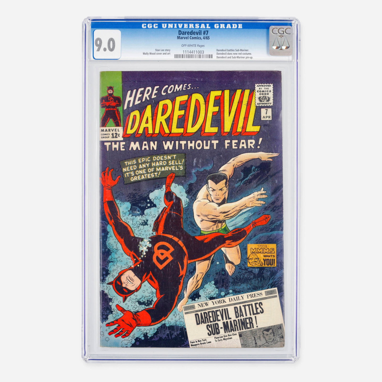Marvel Comics Daredevil #7 CGC 9.0: Marvel Comics Daredevil #7 CGC 9.0 USA, 1965 This iconic Silver Age issue is famous for Daredevil battling the Sub-Mariner and features the moment Daredevil dons his new red costume. The entire book