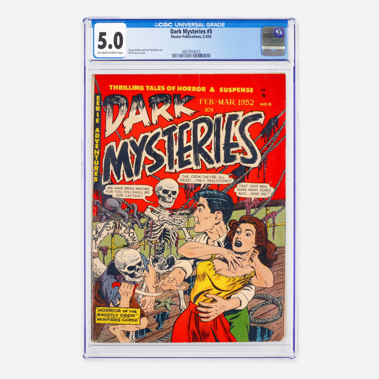 Master Publications Dark Mysteries #5 CGC 5.0: Master Publications Dark Mysteries #5 CGC 5.0 USA, 1952 This chilling Golden Age horror entry is notable for its eerie atmosphere and classic pre-code imagery. The issue features a cover by Bill Fracc