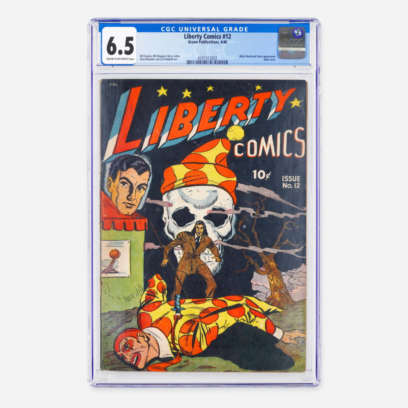 Green Publications Liberty Comics #12 CGC 6.5: Green Publications Liberty Comics #12 CGC 6.5 USA, 1946 This Golden Age issue is highlighted by a striking Skull cover and features appearances by the Black Hood and Suzie. The book showcases a
