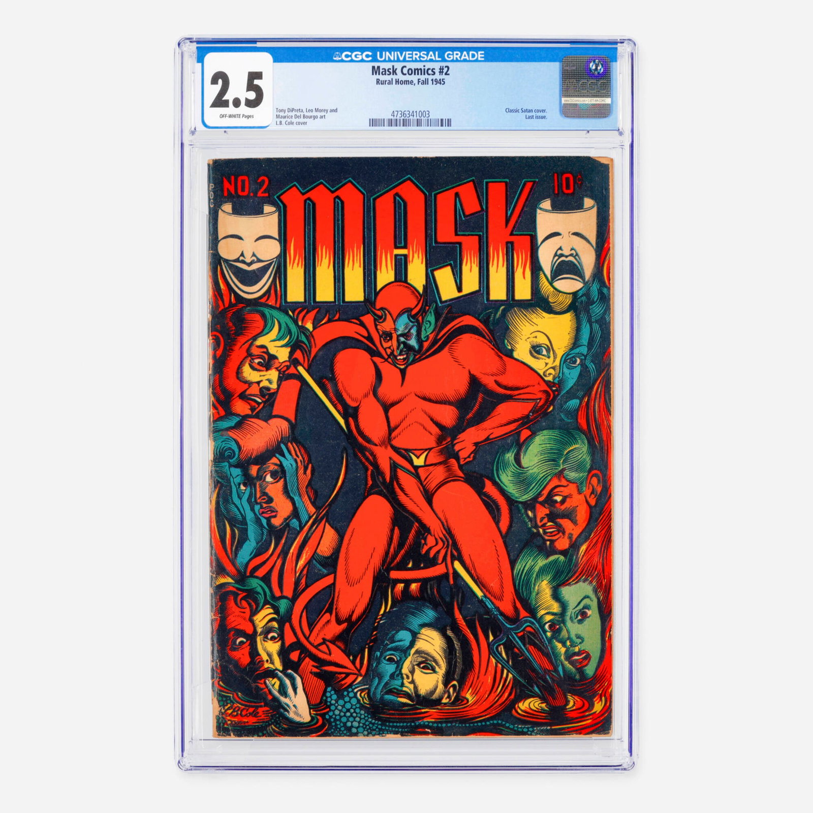 Rural Home Mask Comics #2 CGC 2.5: Rural Home Mask Comics #2 CGC 2.5 USA, 1945 This exceptionally rare Golden Age final issue features one of the most iconic, shocking pre-Code horror images of the era with L.B. Cole's classic