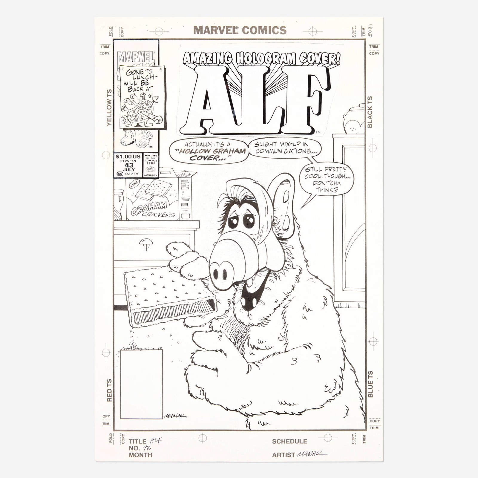 Dave Manak, ALF #43 Cover Original Art (Marvel Comics, 1991): Dave Manak ALF #43 Cover Original Art (Marvel Comics, 1991) pencil and ink on Bristol board, word balloons inked directly on board 17 h x 11 w in (43 x 28 cm) Offered here is the original cover art