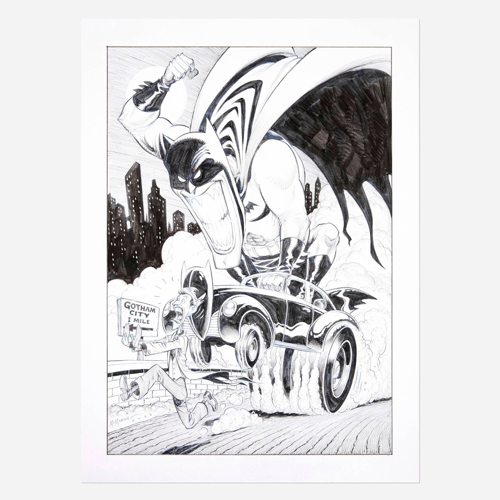 Shawn McManus, Batman Ed "Big Daddy" Roth Homage Original Art (2024): Shawn McManus Batman Ed "Big Daddy" Roth Homage Original Art (2024) pencil and ink on Bristol board 17 h x 12.5 w in (43 x 32 cm) A wildly energetic Batman homage by acclaimed artist Shawn McManus,
