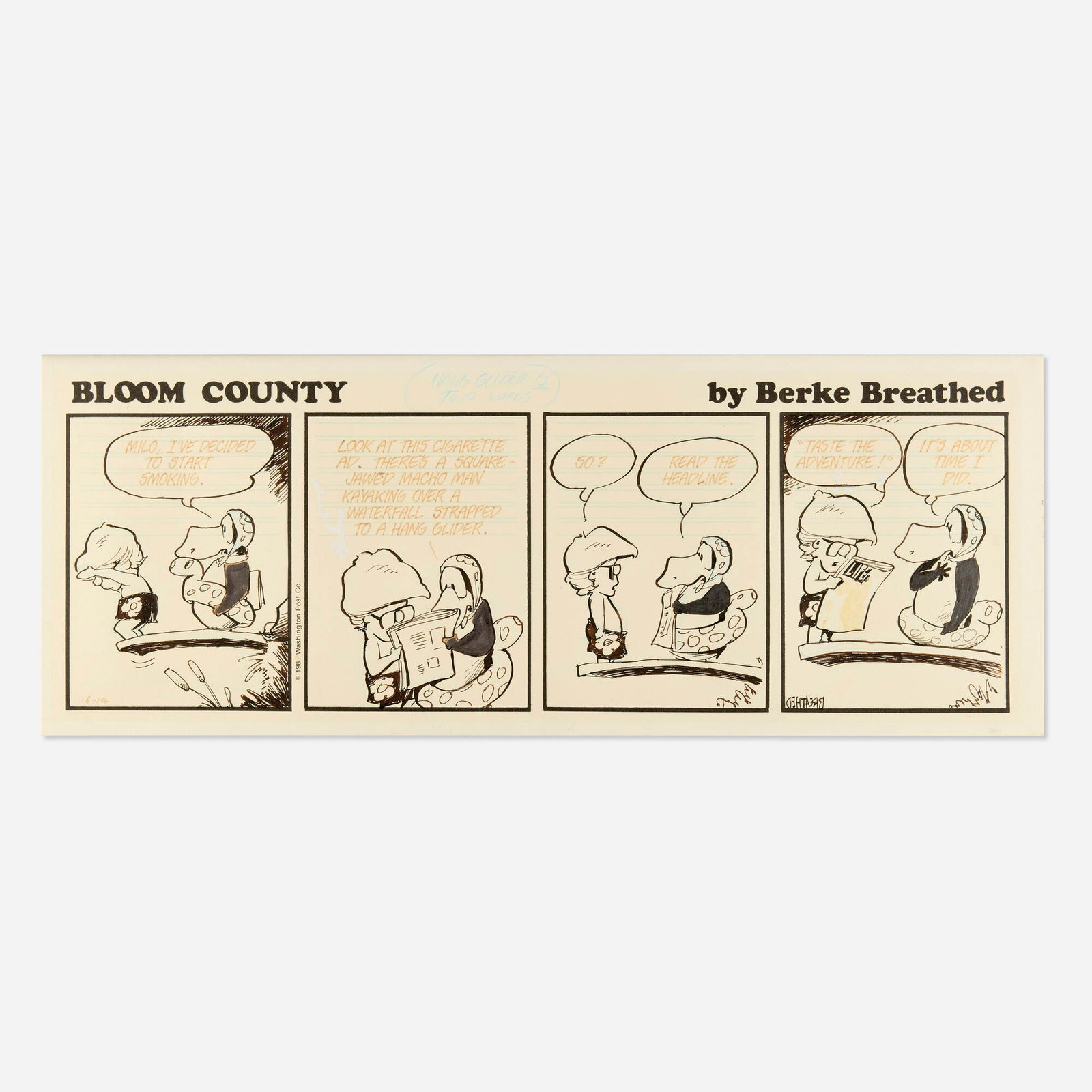 Berke Breathed, Bloom County 6-14-88 Daily Newspaper Strip Original Art (Little Brown and Co., 1988) (1 of 2)