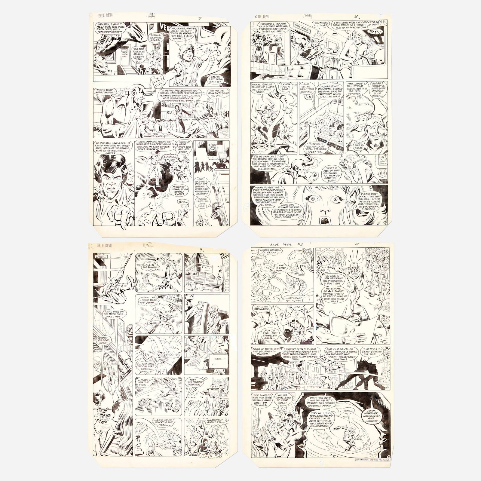 Tod Smith and Mike Gustovich, Blue Devil #11 Story Pages 7, 8, 9 and 10 Original Art: Tod Smith and Mike Gustovich Blue Devil #11 Story Pages 7, 8, 9 and 10 Original Art (DC Comics, 1985) pencil and ink on Bristol board, word balloons inked directly on board 16.5 h x 11 w in (42 x 28 c
