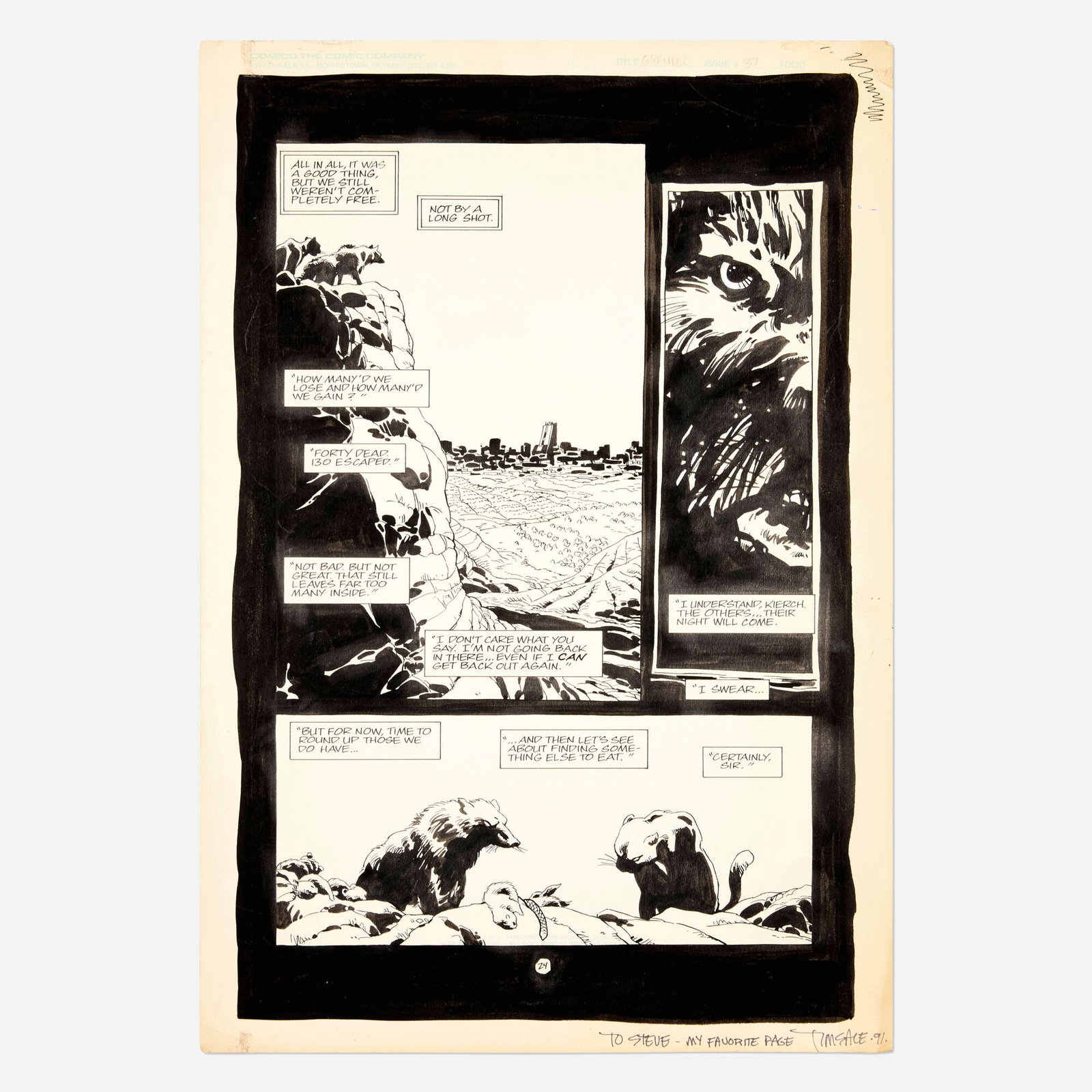 Tim Sale, Grendel #37 Story Page 24 Original Art (Comico, 1986): Tim Sale Grendel #37 Story Page 24 Original Art (Comico, 1986) pencil and ink on Bristol board 18.938 h x 13 w in (48 x 33 cm) A striking final page from Grendel #37 by the legendary Tim Sa