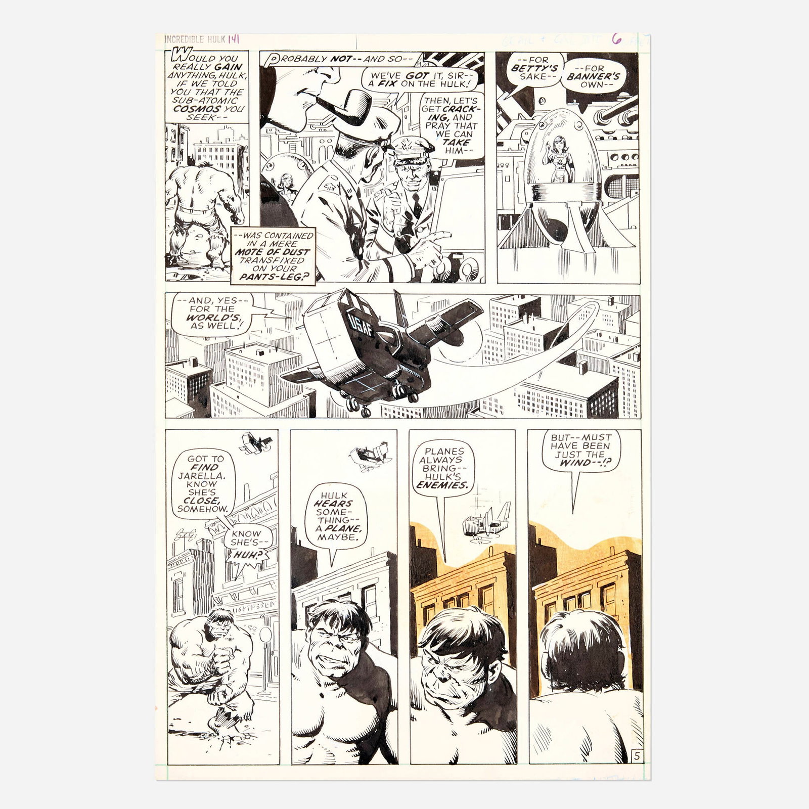 Herb Trimpe and John Severin, Incredible Hulk #141 Story Page 6 Original Art (Marvel Comics, 1971): Herb Trimpe and John Severin Incredible Hulk #141 Story Page 6 Original Art (Marvel Comics, 1971) pencil and ink on Bristol board, word balloons inked directly on board 15.75 h x 10.5 w in (40 x 27 cm