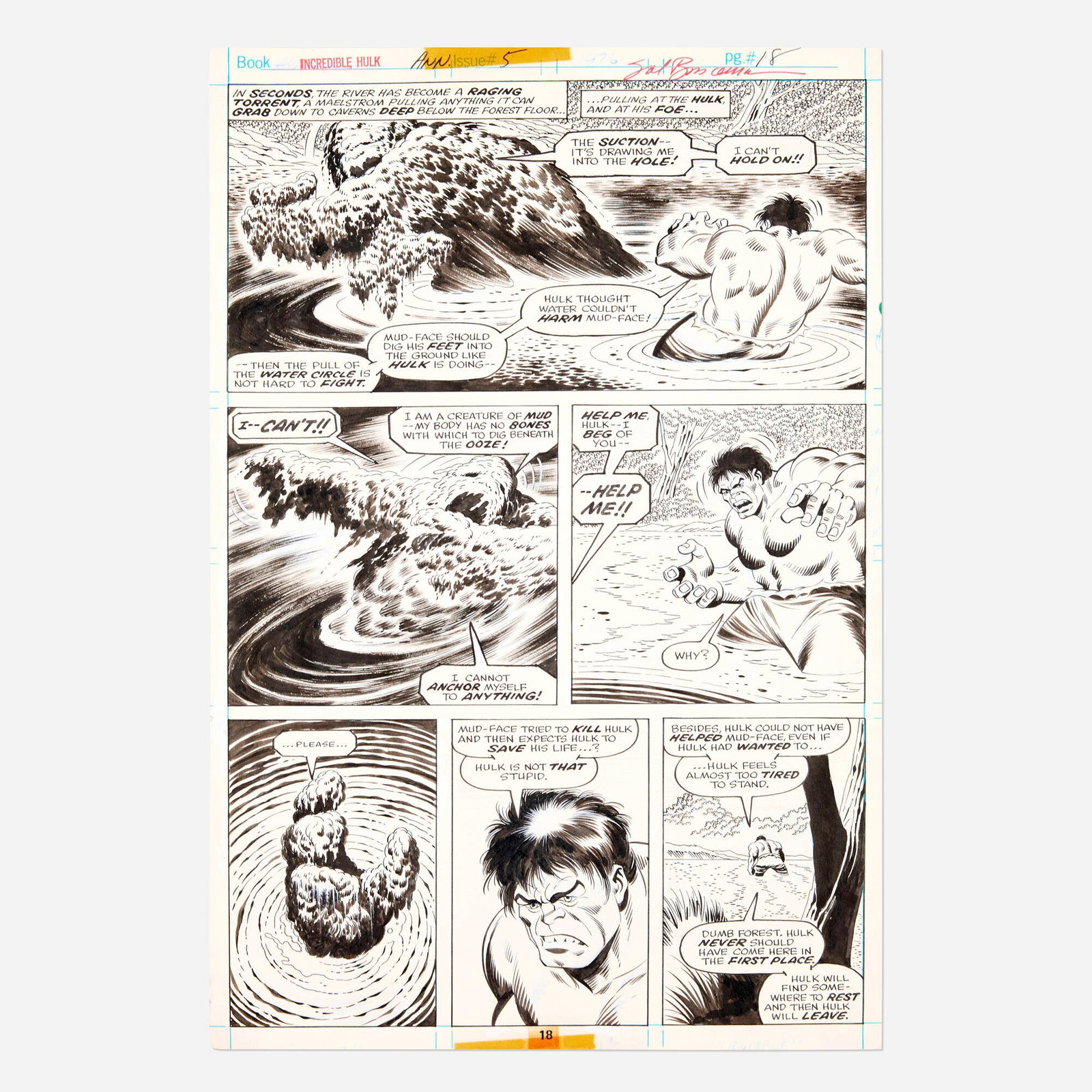 Sal Buscema and Jack Abel, Incredible Hulk Annual #5 Story Page 18 Original Art: Sal Buscema and Jack Abel Incredible Hulk Annual #5 Story Page 18 Original Art (Marvel Comics, 1976) pencil and ink on Bristol board 16 h x 10.625 w in (41 x 27 cm) Pure Bronze Age Hulk goodness fro