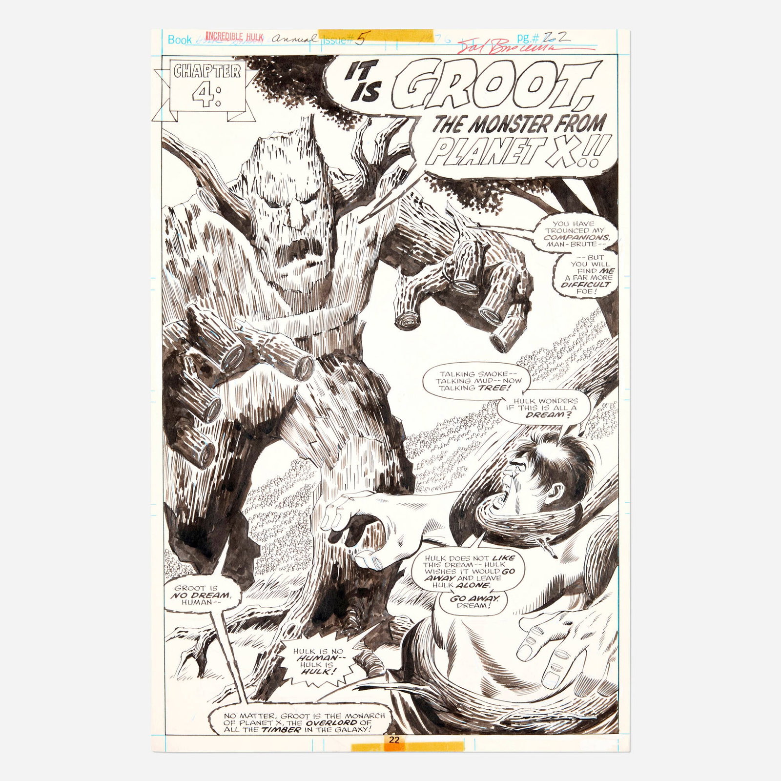 Sal Buscema and Jack Abel, Incredible Hulk Annual #5 Story Page 22 Original Art: Sal Buscema and Jack Abel Incredible Hulk Annual #5 Story Page 22 Original Art (Marvel Comics, 1976) pencil and ink on Bristol board A full splash page featuring only the second appearance of Groot in