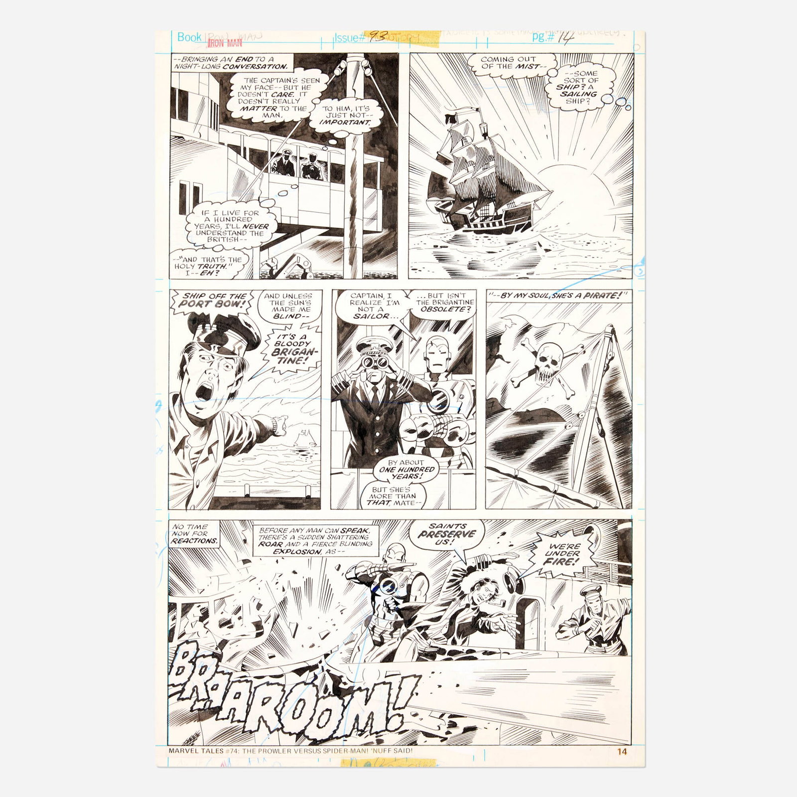 Herb Trimpe and Jack Abel, Iron Man #93 Story Page 14 Original Art (Marvel Comics, 1976): Herb Trimpe and Jack Abel Iron Man #93 Story Page 14 Original Art (Marvel Comics, 1976) pencil and ink on Bristol board, word balloons inked directly on board 16 h x 10.5 w in (41 x 27 cm) Bronze Ag