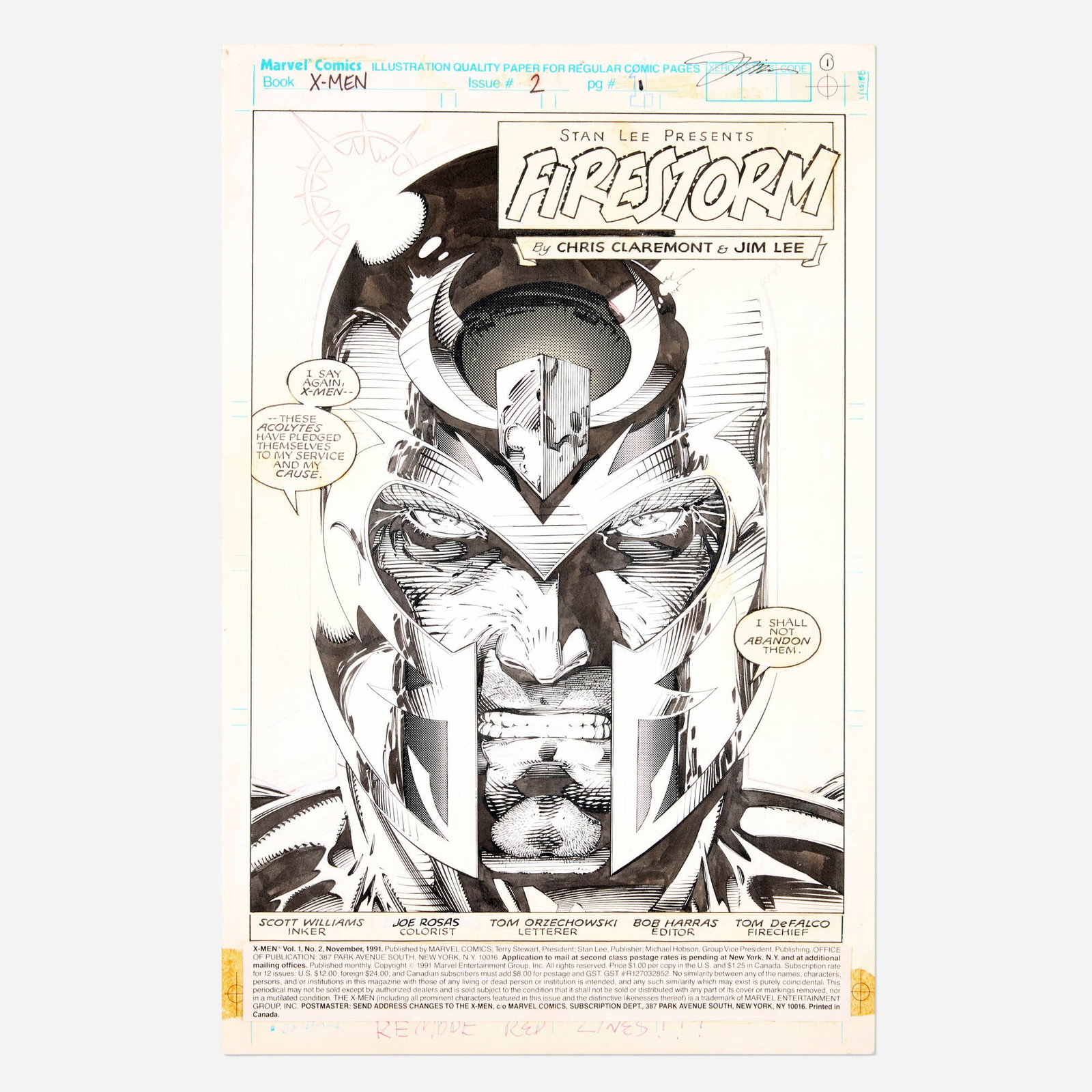 Jim Lee and Scott Williams, X-Men #2 Title Page 1 Original Art (Marvel Comics, 1991): Jim Lee and Scott Williams X-Men #2 Title Page 1 Original Art (Marvel Comics, 1991) pencil and ink on Bristol board, word balloons pasted onto artwork board: 17 h x 11 w in (43 x 28 cm) overlay: 16.62