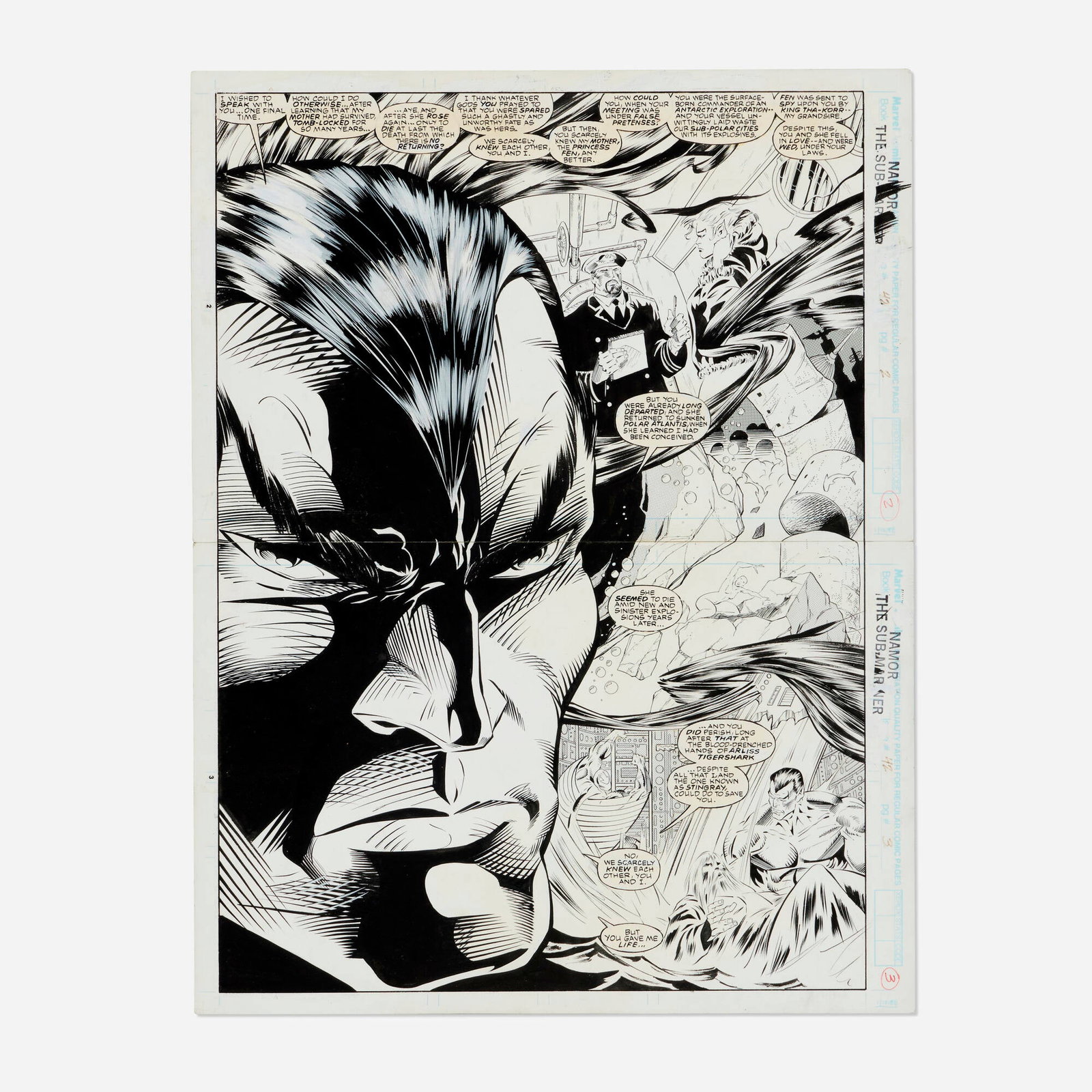 M.C. Wyman and Bud LaRosa, Namor, The Submariner #42 Story Pages 2 and 3 Original Art: M.C. Wyman and Bud LaRosa Namor, The Submariner #42 Story Pages 2 and 3 Original Art (Marvel Comics, 1993) pencil and ink on Bristol board, word balloons pasted onto artwork 22 h x 17 w in (56 x 43 cm