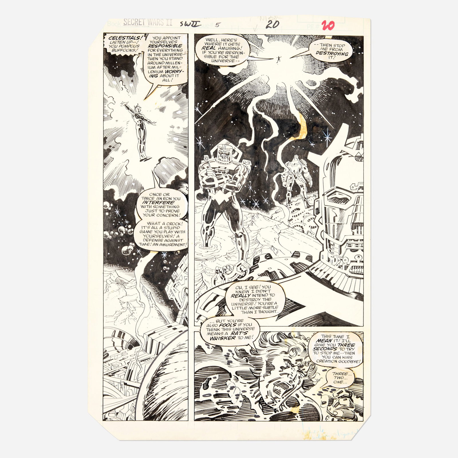 Al Milgrom and Steve Leialoha, Secret Wars II #5 Story Page 20 Original Art (Marvel Comics, 1985): Al Milgrom and Steve Leialoha Secret Wars II #5 Story Page 20 Original Art (Marvel Comics, 1985) pencil and ink on Bristol board, word balloons pasted onto artwork 16.25 h x 11 w in (41 x 28 cm) A c