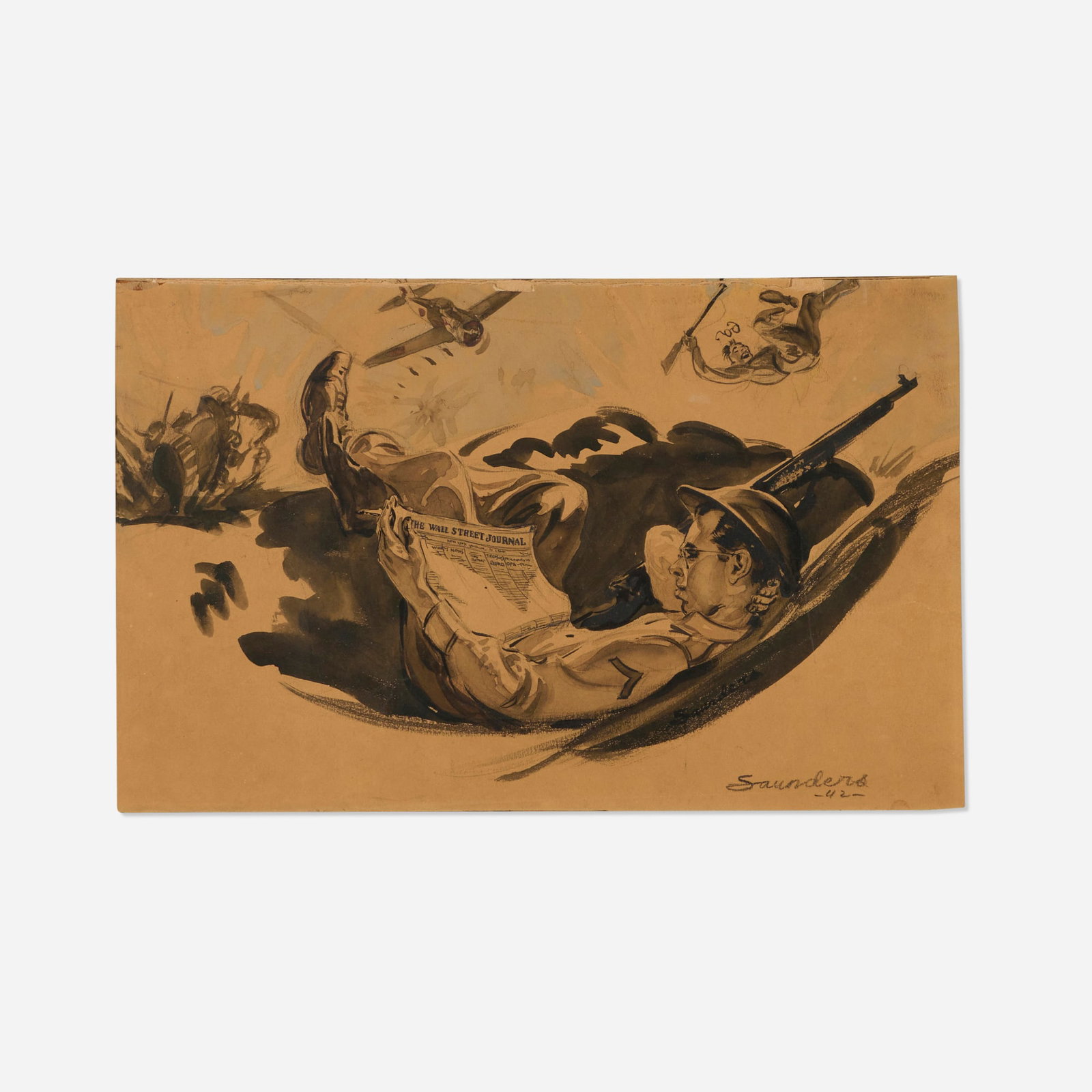 Norman Saunders, Soldier Reading Wall Street Journal Original Art Illustration (1942) (1 of 2)