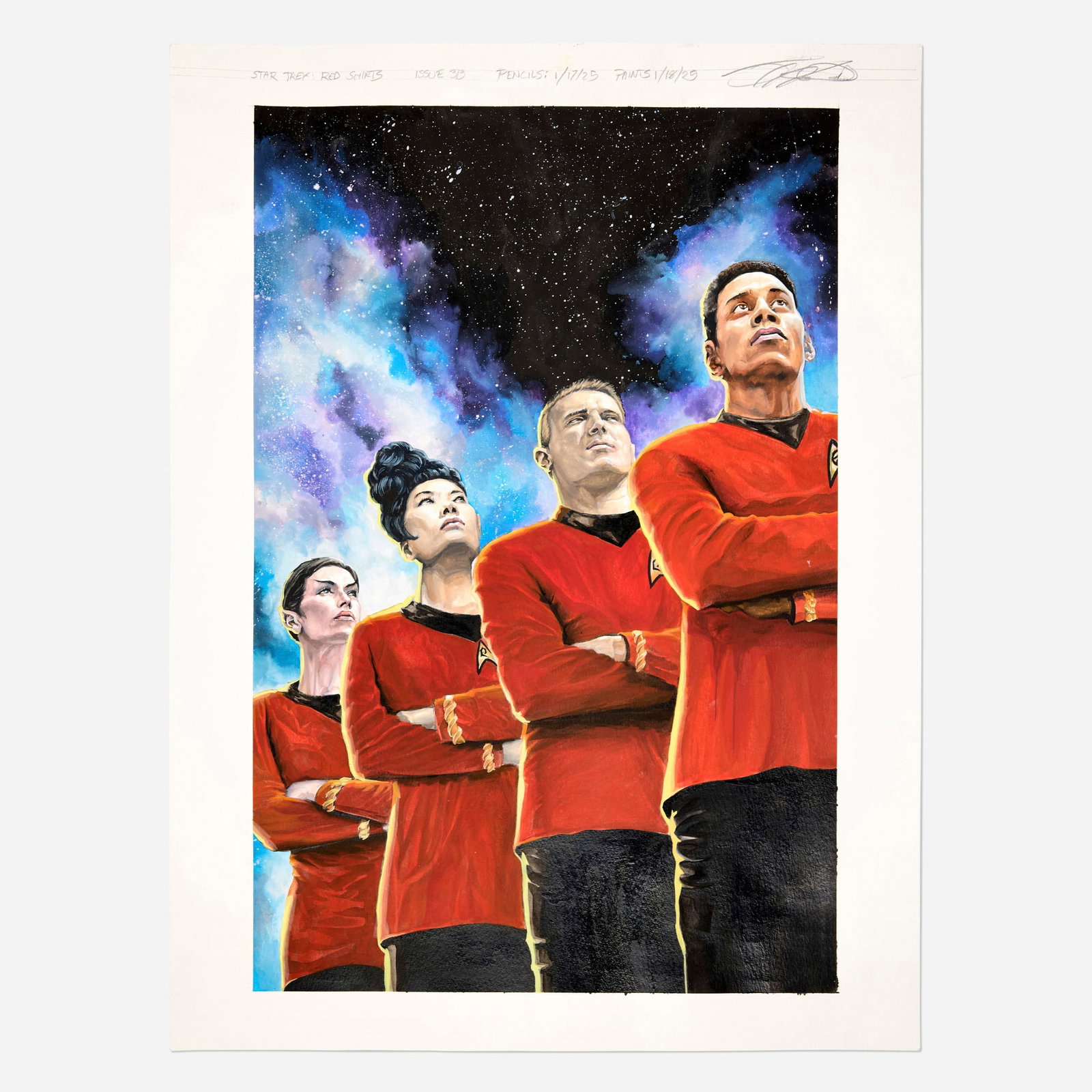 J.K. Woodward, Star Trek: Red Shirts #3 Federation Recruitment Cover Original Art (IDW, 2025): J.K. Woodward Star Trek: Red Shirts #3 Federation Recruitment Cover Original Art (IDW, 2025) pencil, ink, and watercolor on Bristol board 24 h x 18 w in (61 x 46 cm) Condition Notes:
