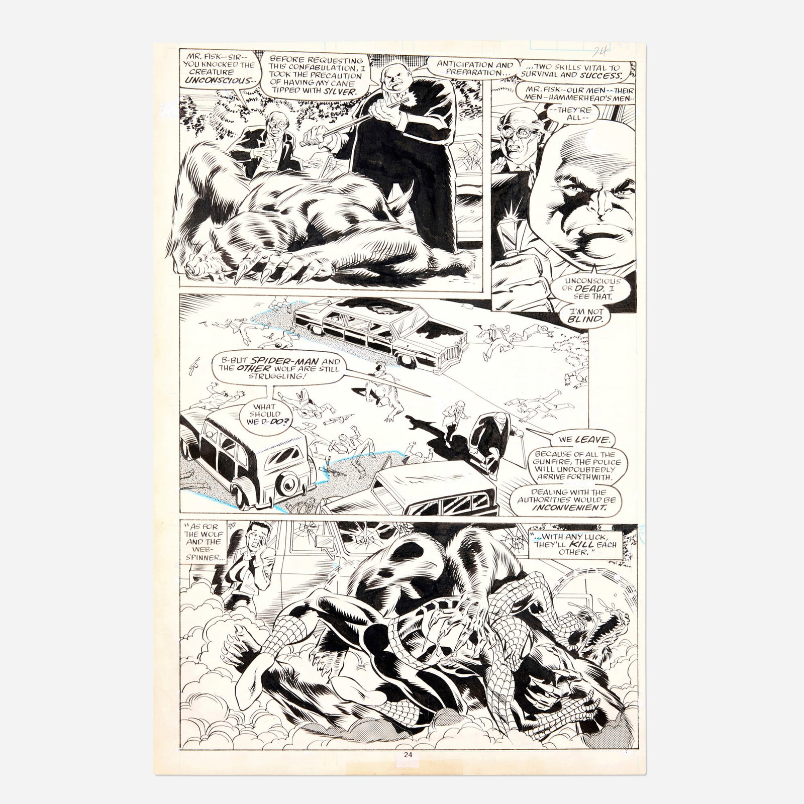 Alex Saviuk and Keith Williams, Web of Spider-Man #55 Story Page 24 Original Art: Alex Saviuk and Keith Williams Web of Spider-Man #55 Story Page 24 Original Art (Marvel Comics, 1989) pencil and ink on Bristol board, word balloons inked directly on board 16.25 h x 10.75 w in (41 x 