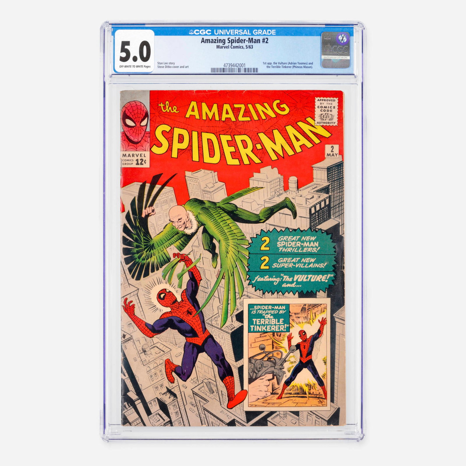 Marvel Comics Amazing Spider-Man #2 CGC 5.0: Marvel Comics Amazing Spider-Man #2 CGC 5.0 USA, 1963 This monumental Silver Age mega-key features the historic first appearances of the Vulture (Adrian Toomes) and the Terrible Tinkerer (Phineas Maso