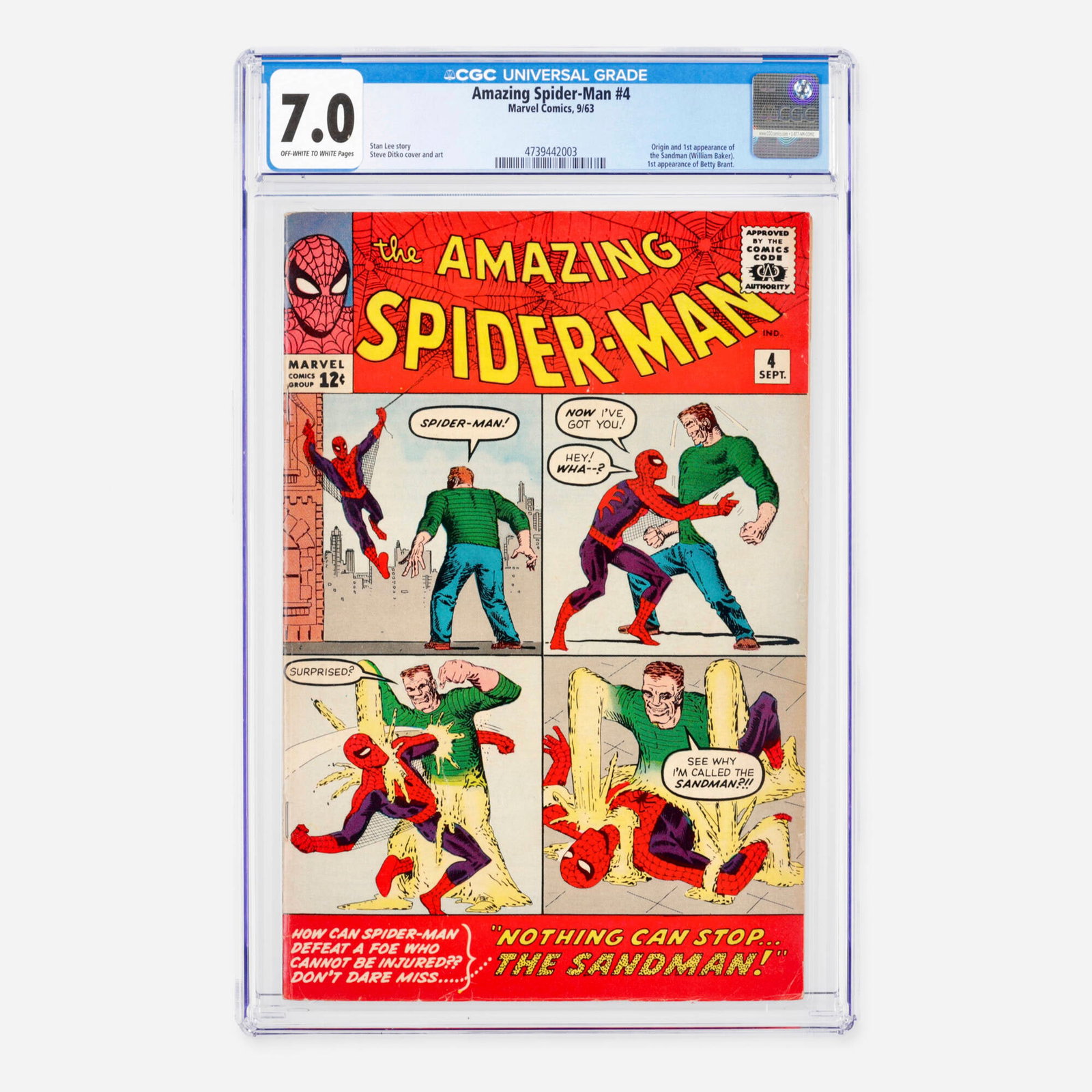 Marvel Comics Amazing Spider-Man #4 CGC 7.0: Marvel Comics Amazing Spider-Man #4 CGC 7.0 USA, 1963 This monumental Silver Age key issue features the origin and first appearance of the Sandman (William Baker), as well as the first appearance of B