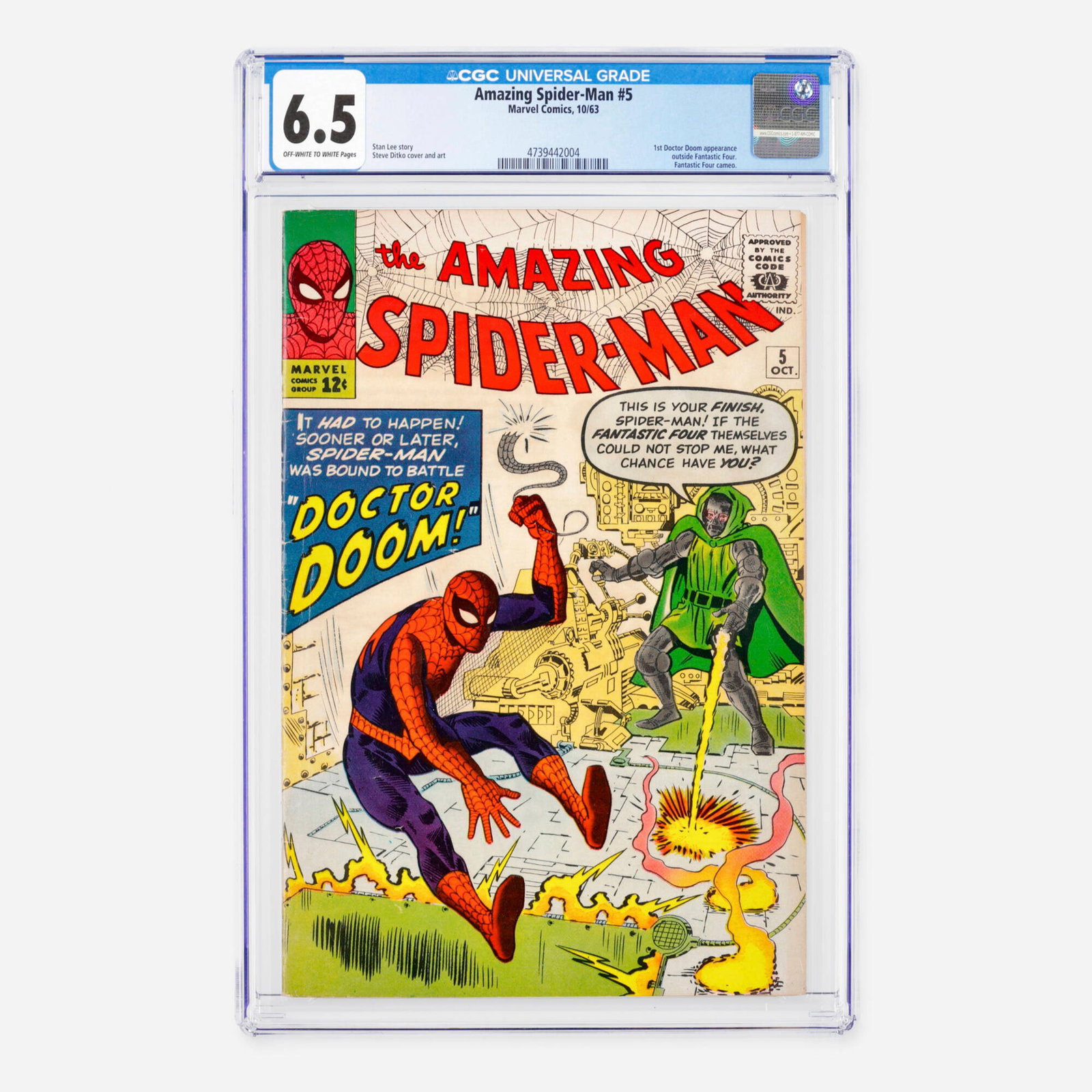 Marvel Comics Amazing Spider-Man #5 CGC 6.5: Marvel Comics Amazing Spider-Man #5 CGC 6.5 USA, 1963 This early Silver Age key features the first Doctor Doom appearance outside of the Fantastic Four, along with a cameo by the Fantastic Four themse