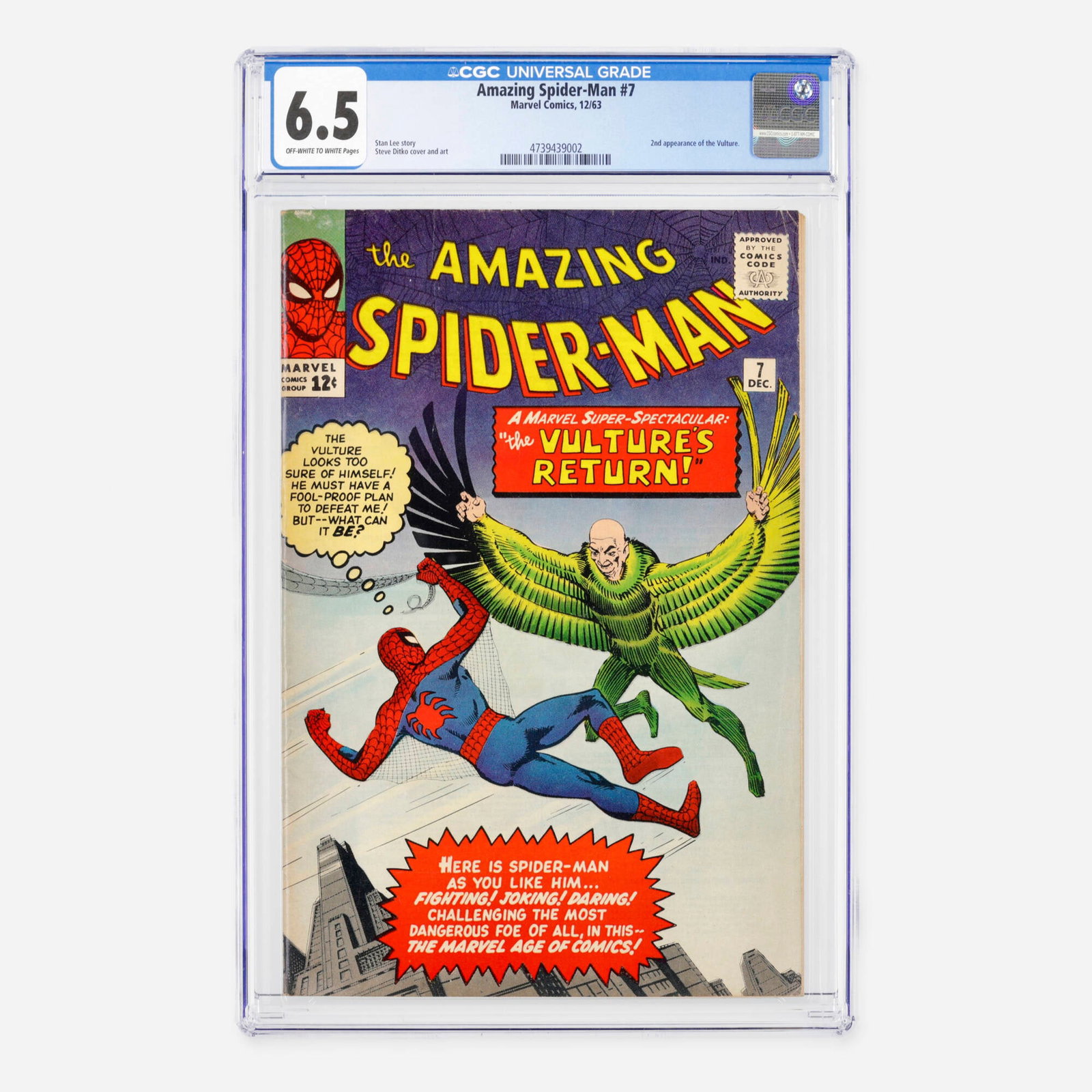 Marvel Comics Amazing Spider-Man #7 CGC 6.5: Marvel Comics Amazing Spider-Man #7 CGC 6.5 USA, 1963 This early Silver Age issue features the significant second appearance of the Vulture (Adrian Toomes). The classic story is written by Stan Lee wi