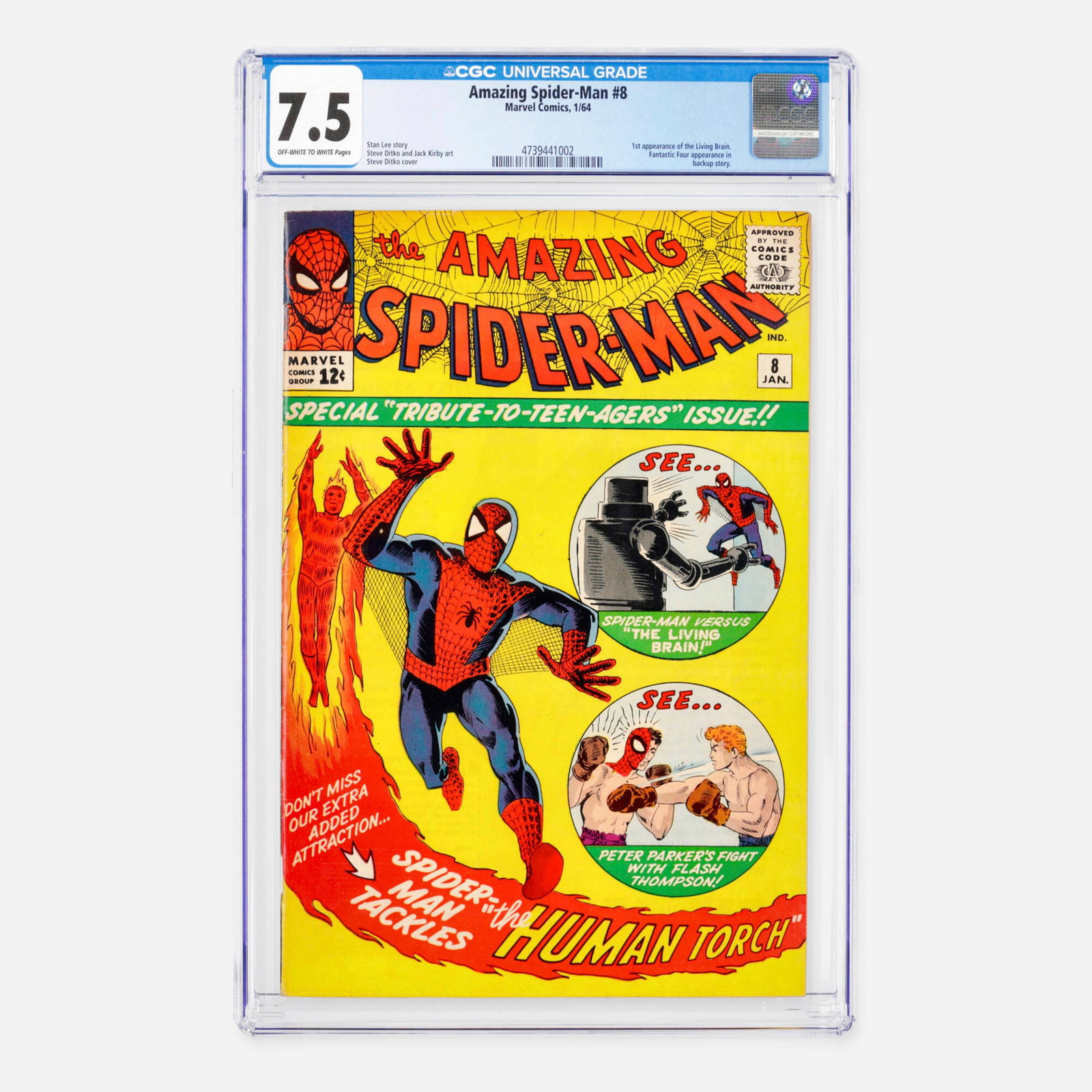 Marvel Comics Amazing Spider-Man #8 CGC 7.5: Marvel Comics Amazing Spider-Man #8 CGC 7.5 USA, 1964 This early Silver Age issue features the historic first appearance of the Living Brain, alongside an appearance by the Fantastic Four in the backu