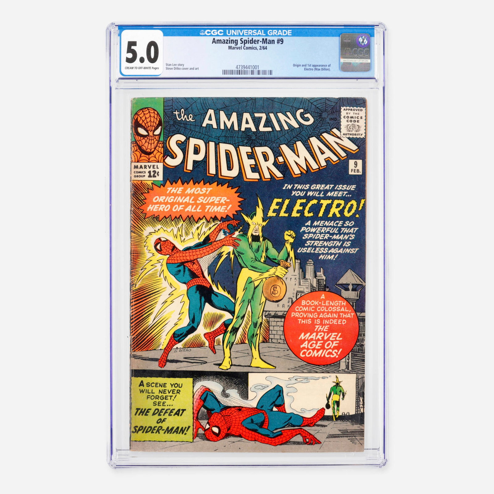 Marvel Comics Amazing Spider-Man #9 CGC 5.0: Marvel Comics Amazing Spider-Man #9 CGC 5.0 USA, 1964 This historic Silver Age milestone features the origin and first appearance of Electro (Max Dillon). The classic superhero narrative is written by